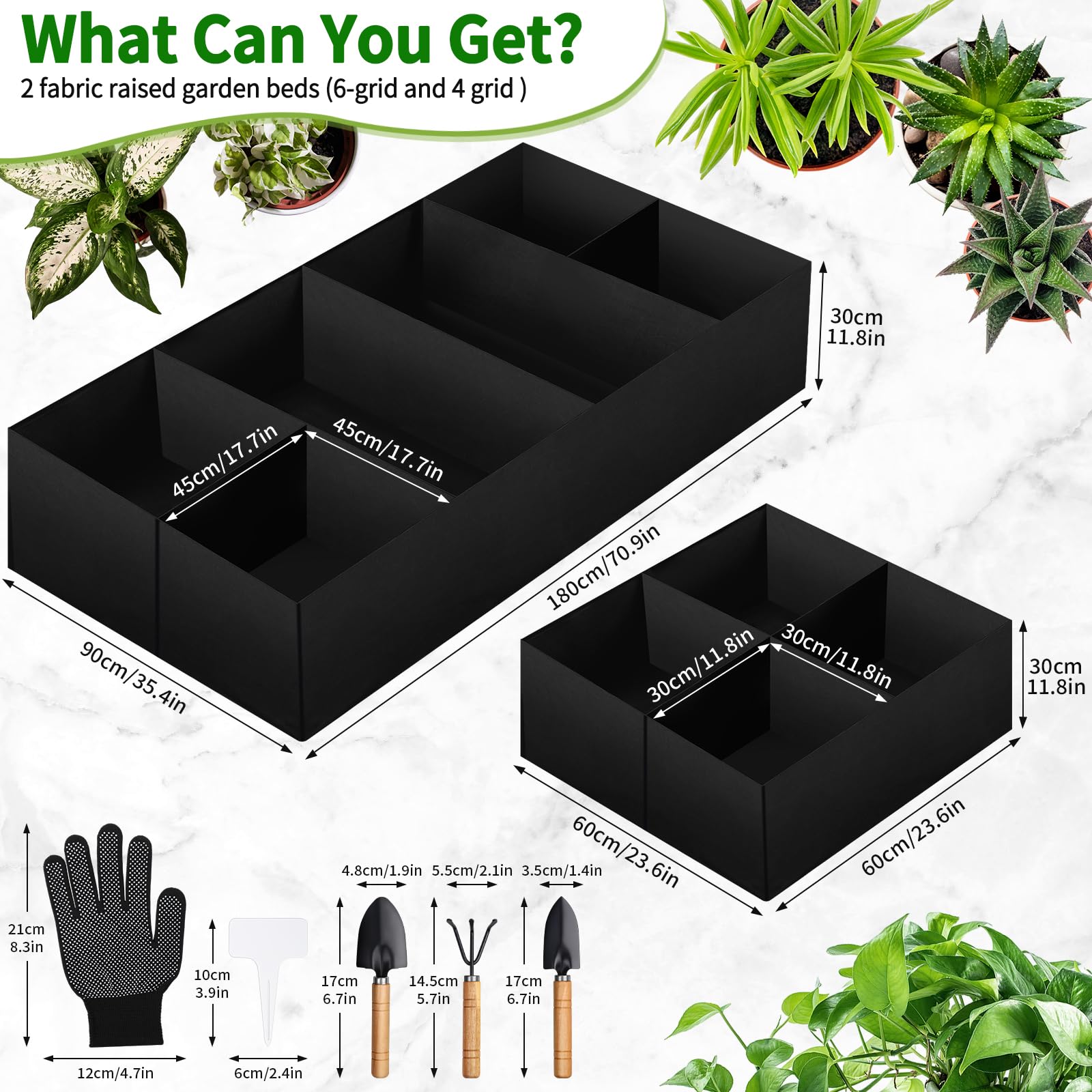 Juego de macetas de jardín, bolsa de cultivo de tela de 6 x 3 x 1 pies, 128 galones, cama elevada de 2 x 1 pies, herramientas de jardín con guantes