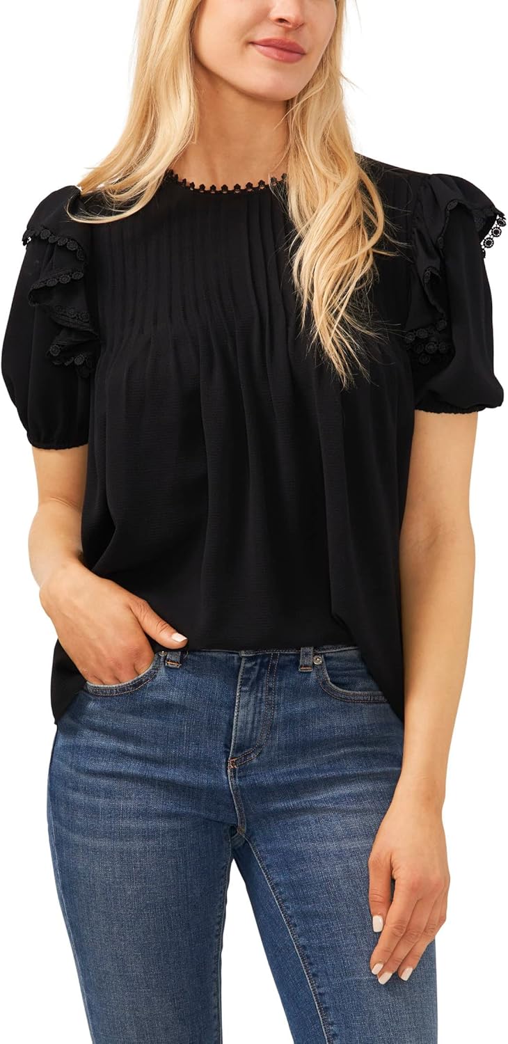 CeCe Crew Neck Pin Tuck Blouse with Ruffles Rich Black L