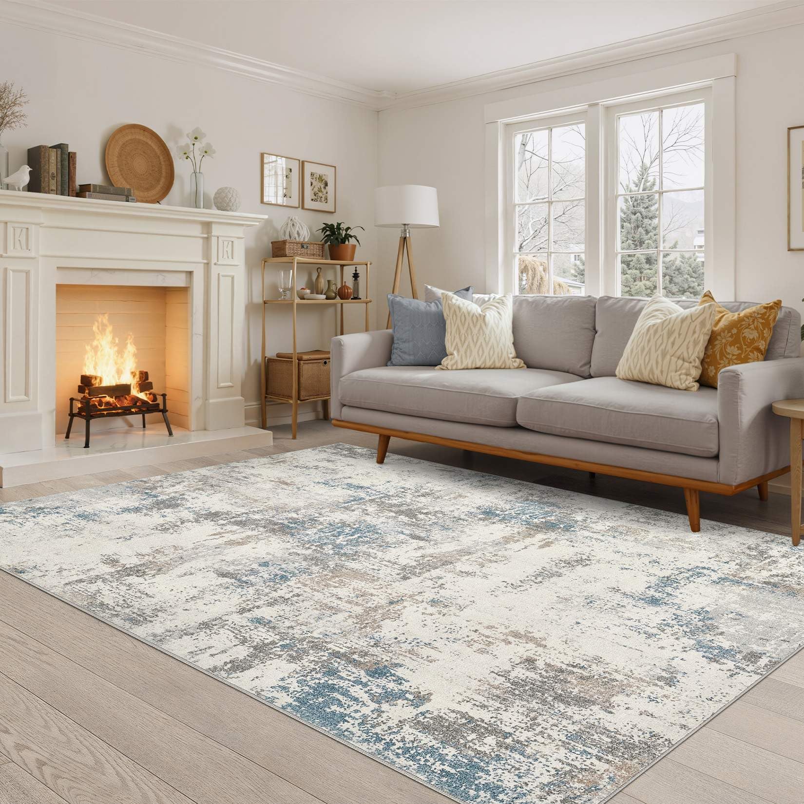 DMOYEST Wohnzimmer Teppich Modern Waschbar Kurzflor Anti-Rutsch Rückseite Weich, Farbe: Beige/Blau/Braun, Größe:160x230 cm Teppiche für Schlafzimmer Esszimmer Büro Bereich