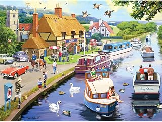 Bits and Pieces - 300 Piece Jigsaw Puzzle for Adults - 18" x 24" - A Lazy Evening on The River - 300 pc Large Piece European River Boats Jigsaw by Kevin Walsh