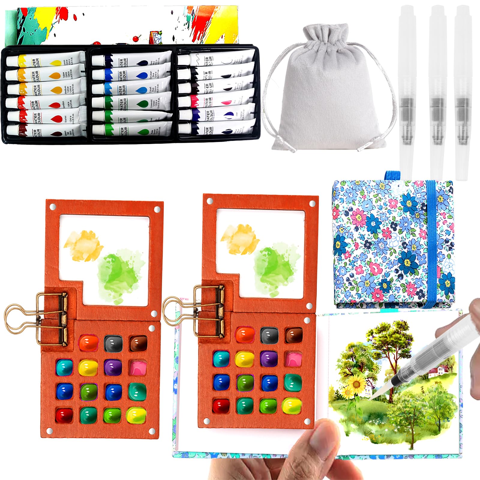 Palette aquarelle de poche avec clip métal pour peindre sans table