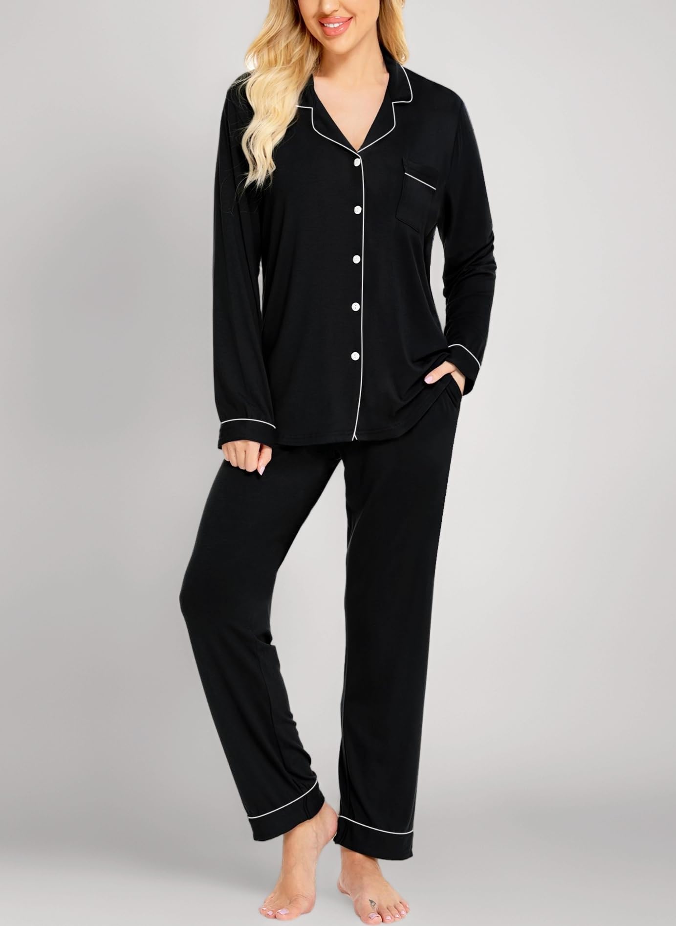 SWOMOG Women Pyjamas Sets Soft Long Sleeve Button Down Sleepwear Soft Pjs Set Loungewear