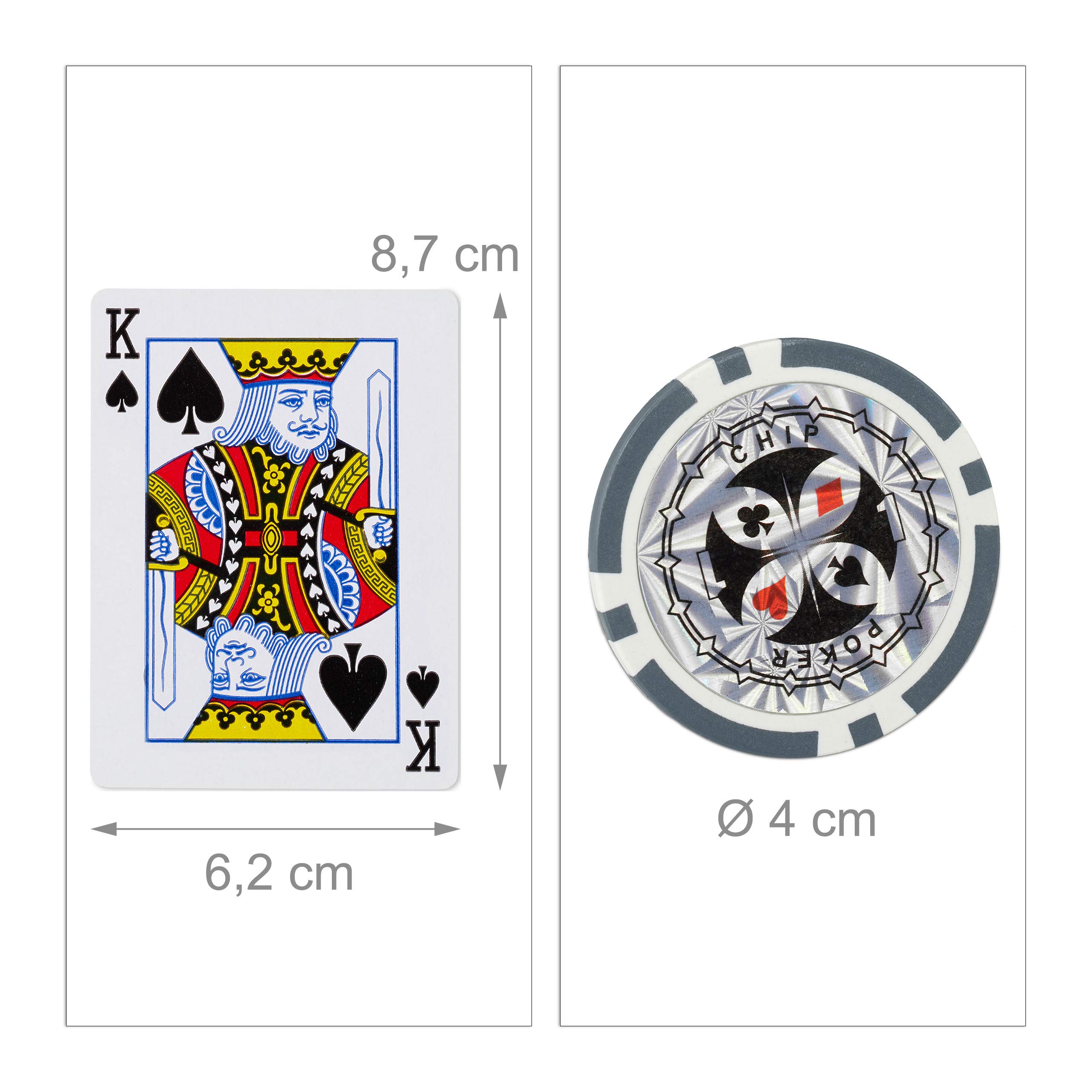 Relaxdays Valigetta Poker, 300 Chips Laser, 2 Mazzi di Carte, 5 Dadi, Dealer, Richiudibile & Portatile,Alluminio,Argento