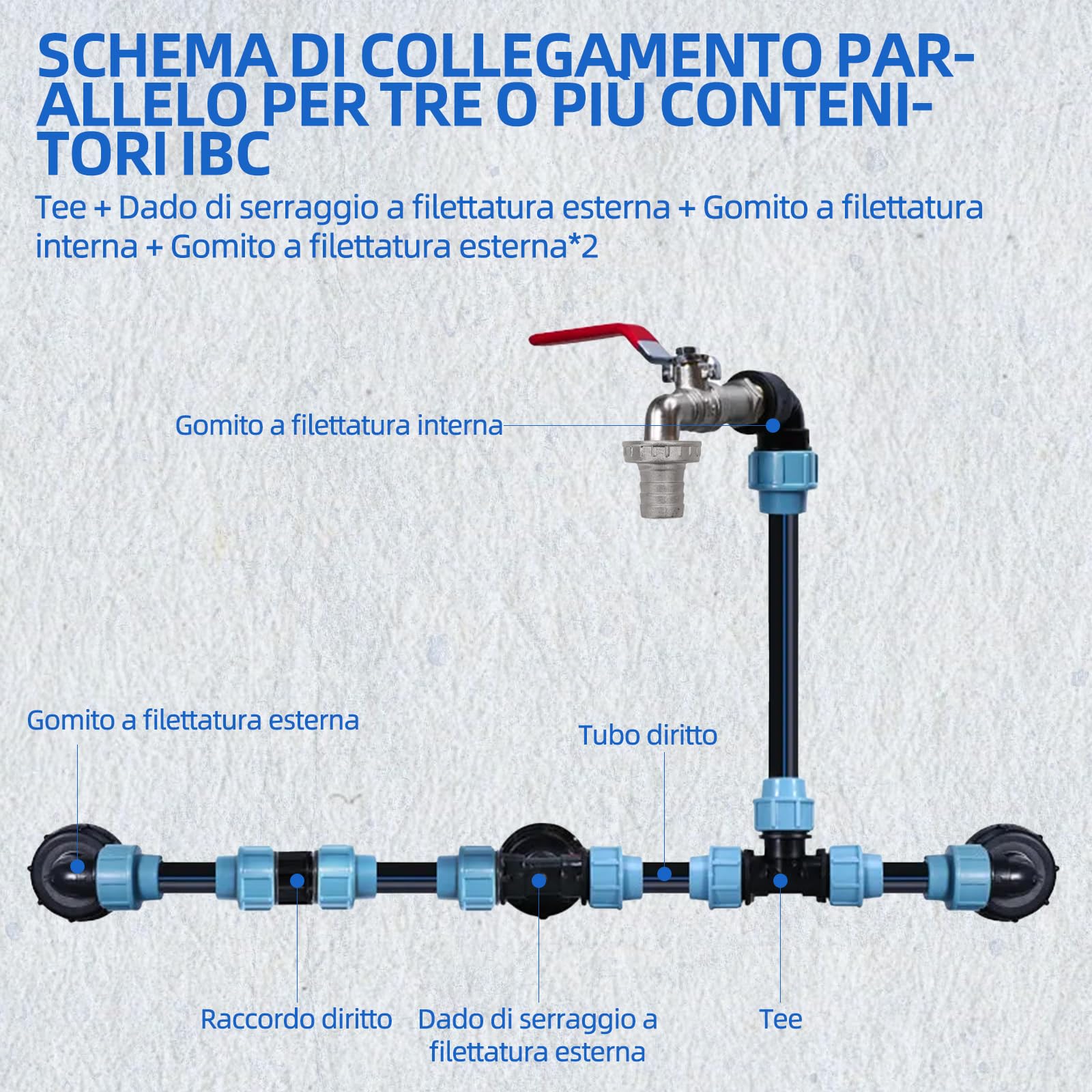 IBC - Set di collegamento per 3 serbatoi IBC o serbatoi di pioggia, con rubinetto a collo di cigno da 3/4", uscita con raccordo tubolare, ideale per l'irrigazione del giardino