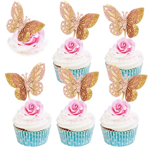 Chinco 48 adornos de mariposa para cupcakes ensamblados de doble capa con purpurina 3D para tartas, decoración de cóctel de mariposa para baby