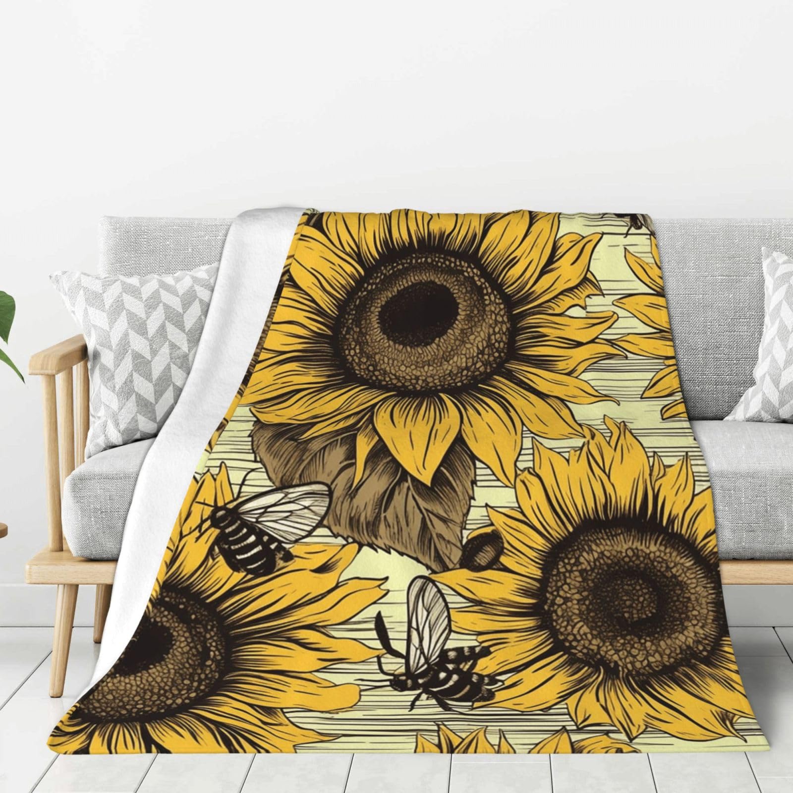 Bees Sunflower Throw Blanket Plush Flannel Fleece Blanket, Soft Lightweight Cozy Blankets 40"X30" for Bed Couch Sofa Travel