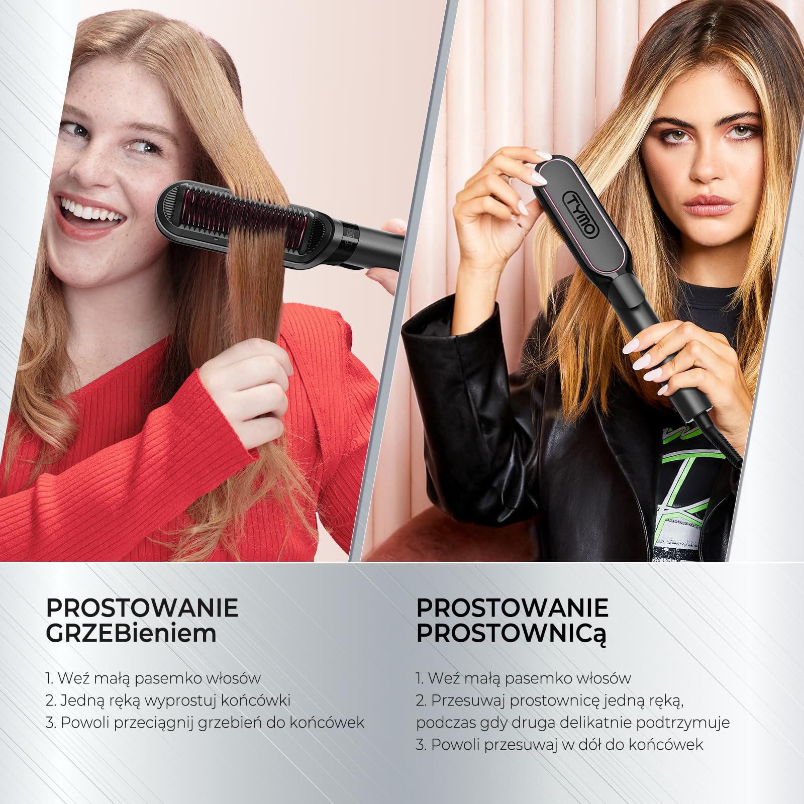 TYMO FLIPRO Szczotka do prostowania włosów 2 w 1 i płaska żelazka z 200M jonami ujemnymi, podwójne napięcie, gorący grzebień przeciw oparzeniom, włosy bez puszenia się, gładkie i błyszczące, mniej