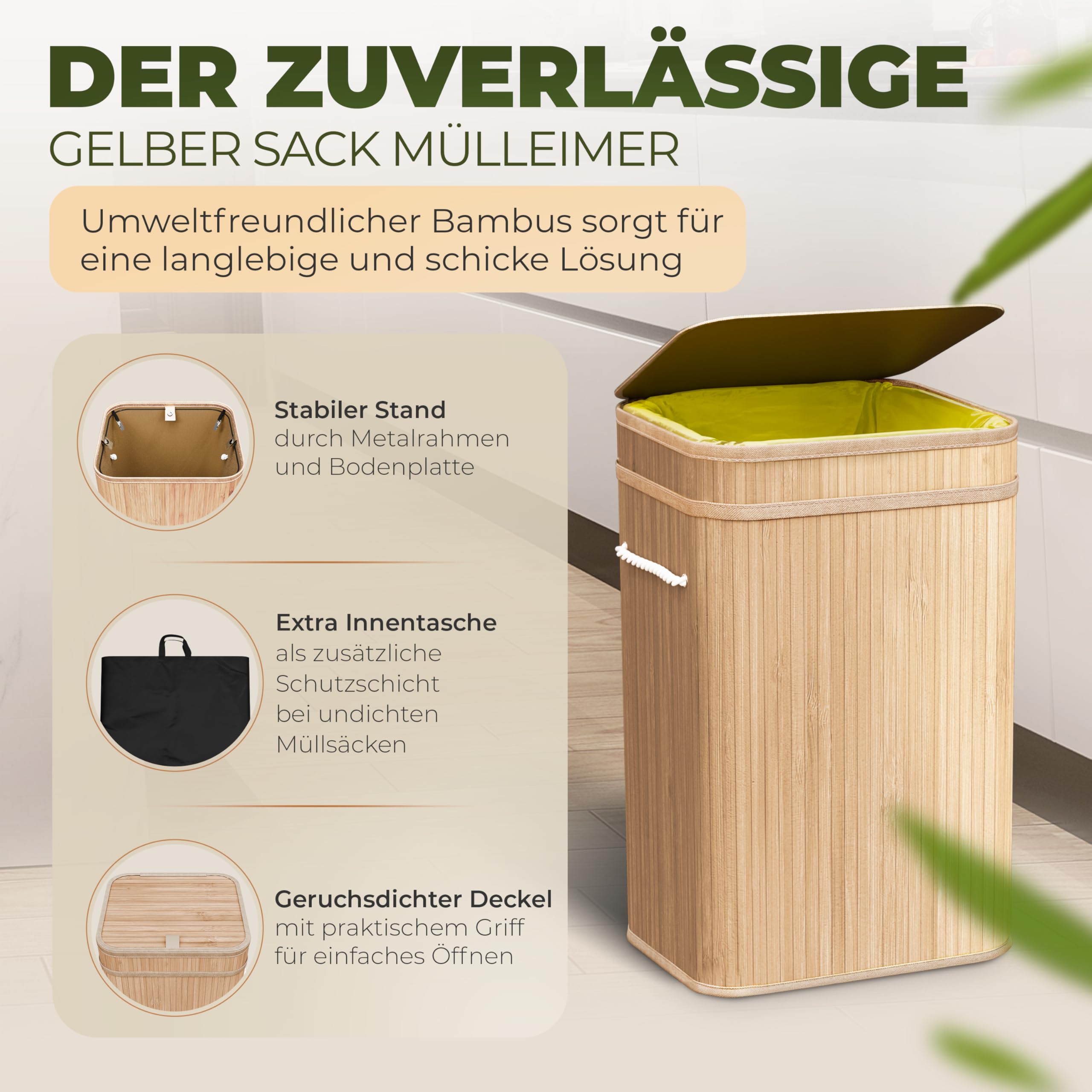 COTTARA® gelber Sack Ständer Mülleimer mit Deckel Müllsackständer für Gelbe Säcke aus Bambus inkl. waschbare Innentasche, 60-120L Müllsystem Behälter für Recycling doppelt verstärkter Halt