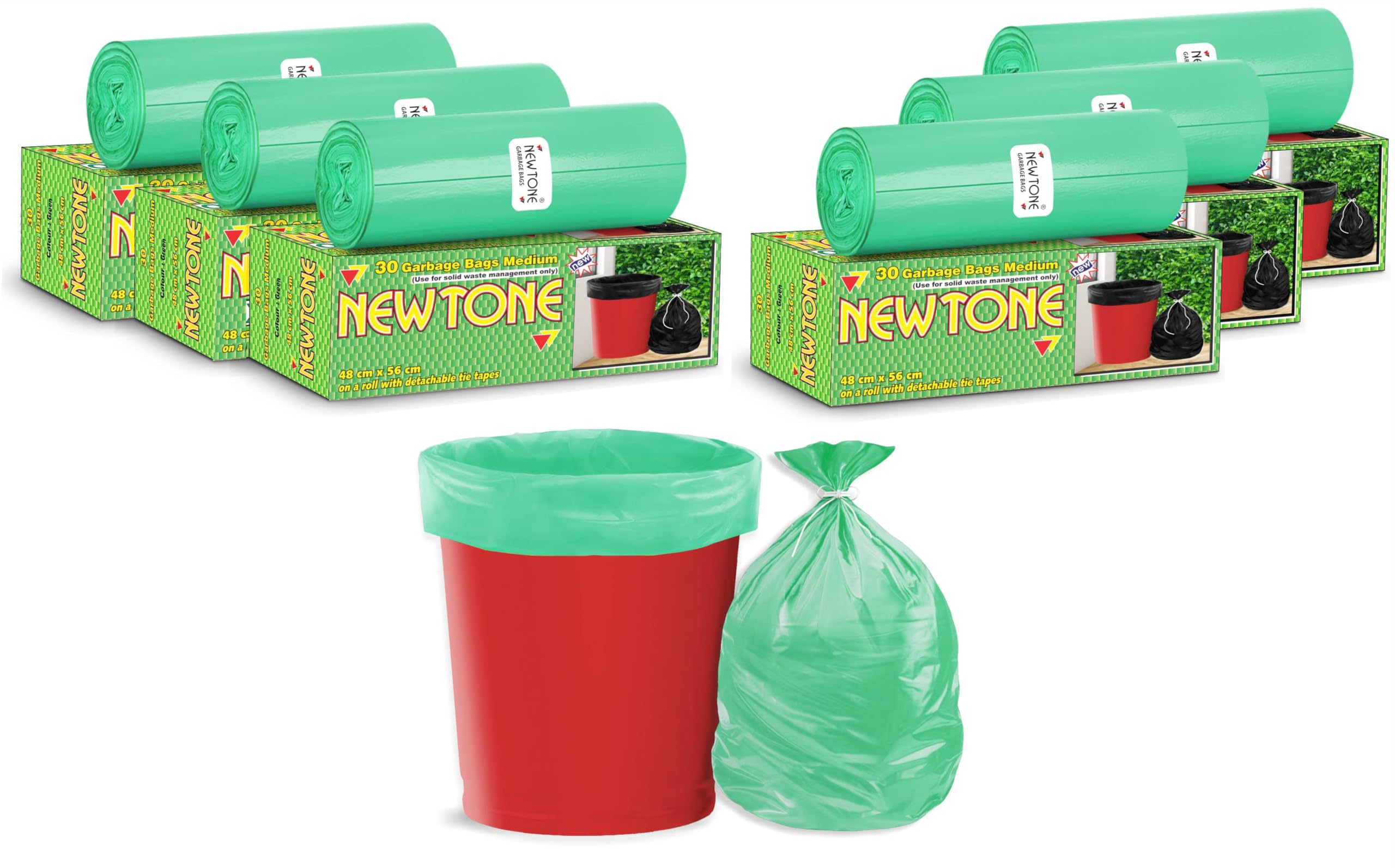 Newtone Garbage Bags | Medium 19 X 21 Inches | 180 Bags (30 Bags X 6 Rolls) | Dustbin/Trash bin | Box Packing | (Green) - Perforated Box for Easy Dispensing