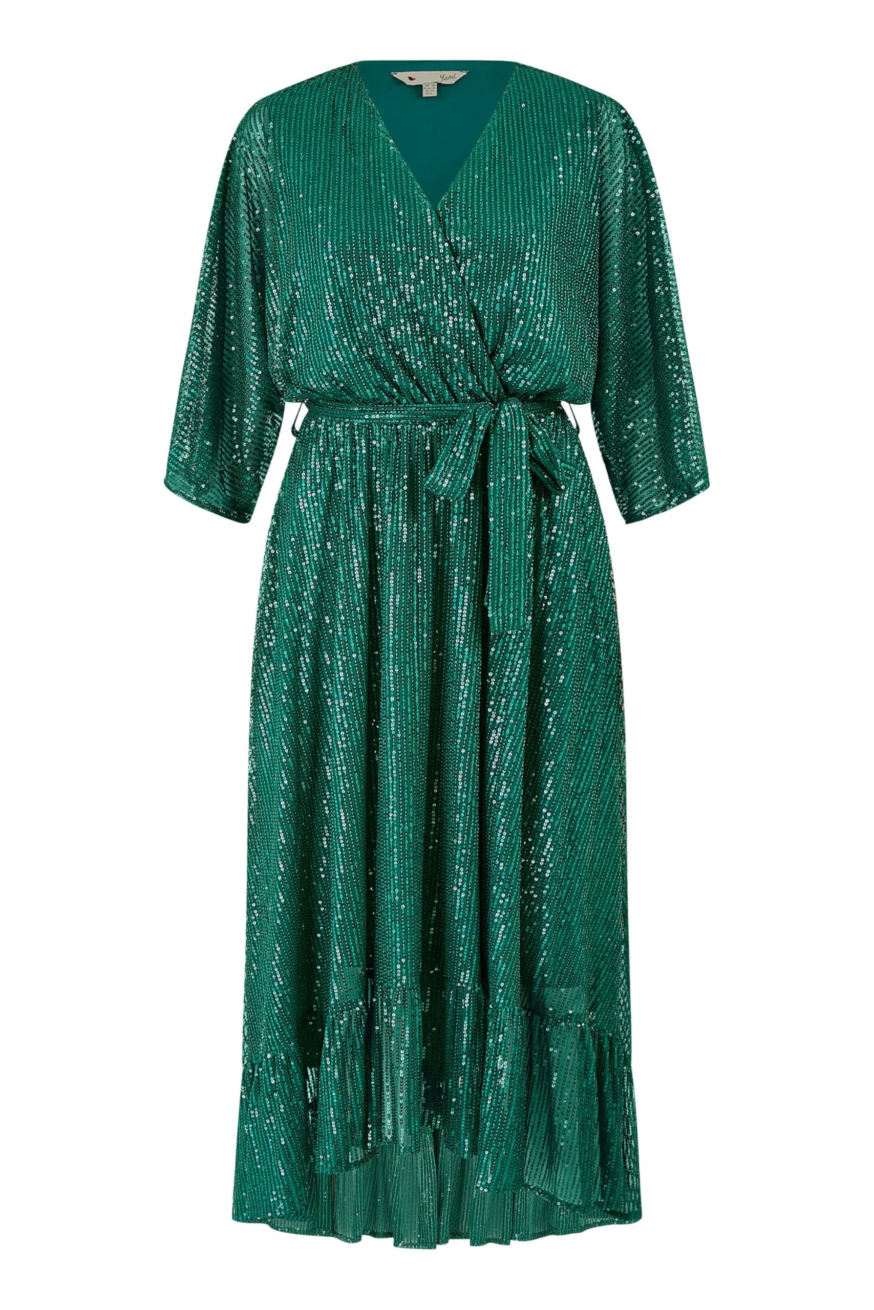 Yumi Women's Green Sequin Kimono Midi Wrap Dress (Uk, Numeric, 14, Regular, Regular, )