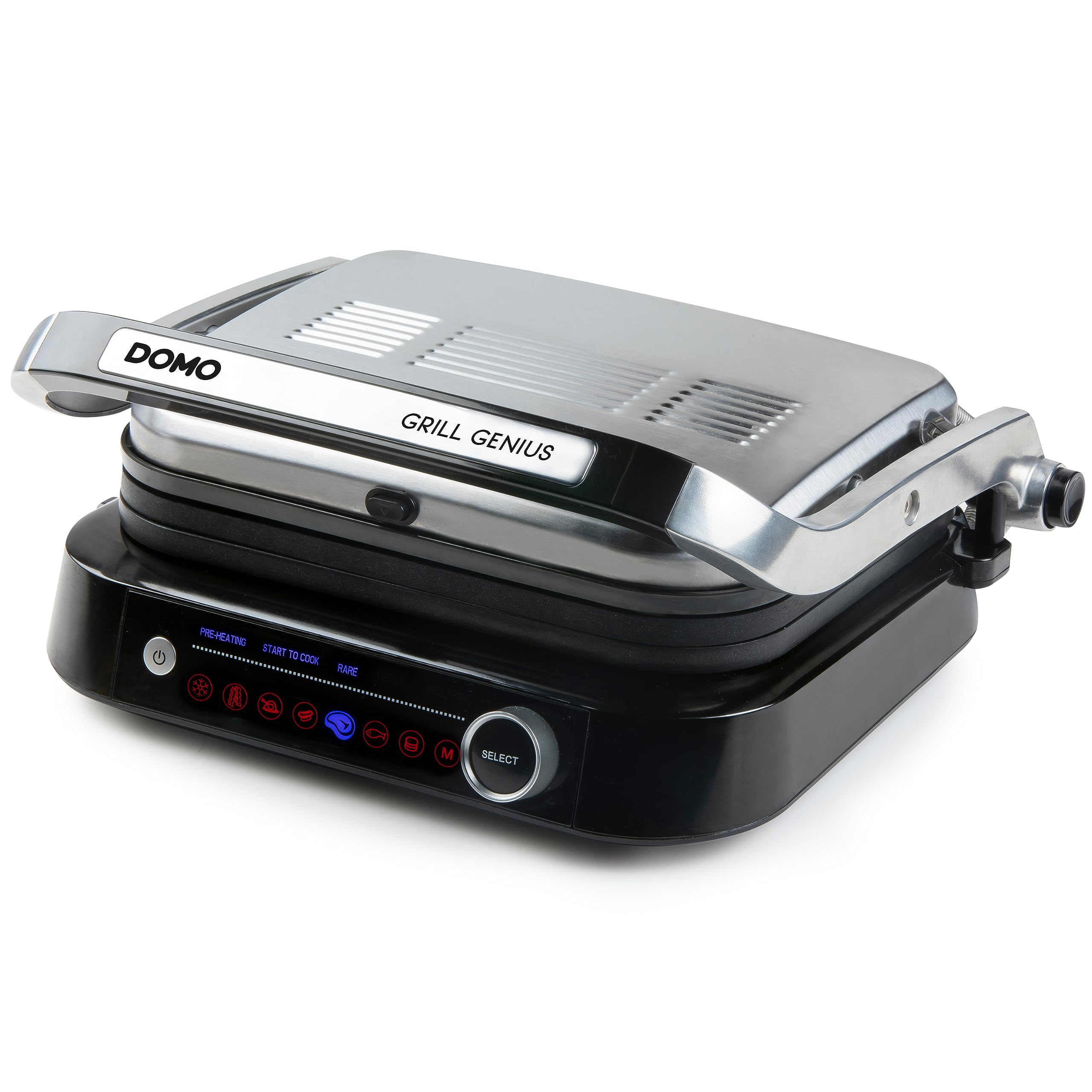 DOMO Genius elektryczny grill kontaktowy, powłoka nieprzywierająca, z wyświetlaczem ze stali nierdzewnej, czarny