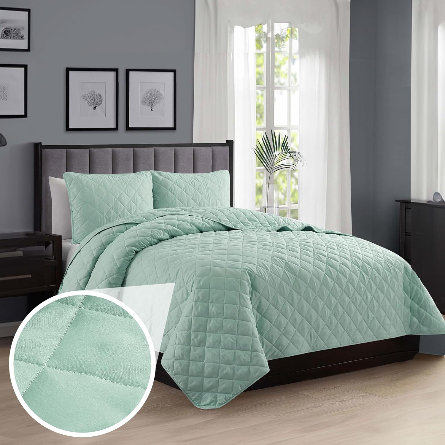 CS CATHAYSPORTS Cathay Home Basic Bedding Home Essential All Season 3PC Microfiber Diamond-Stitch Quilt Set - Pistachio, Full/Queen
