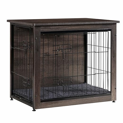DWANTON Dog Crate Furniture with Cushion, Wooden Kennel Table with Double Doors, Indoor Dog House, Small/Medium/Large/Extra Large Size, 27.2" L, Dark Gray