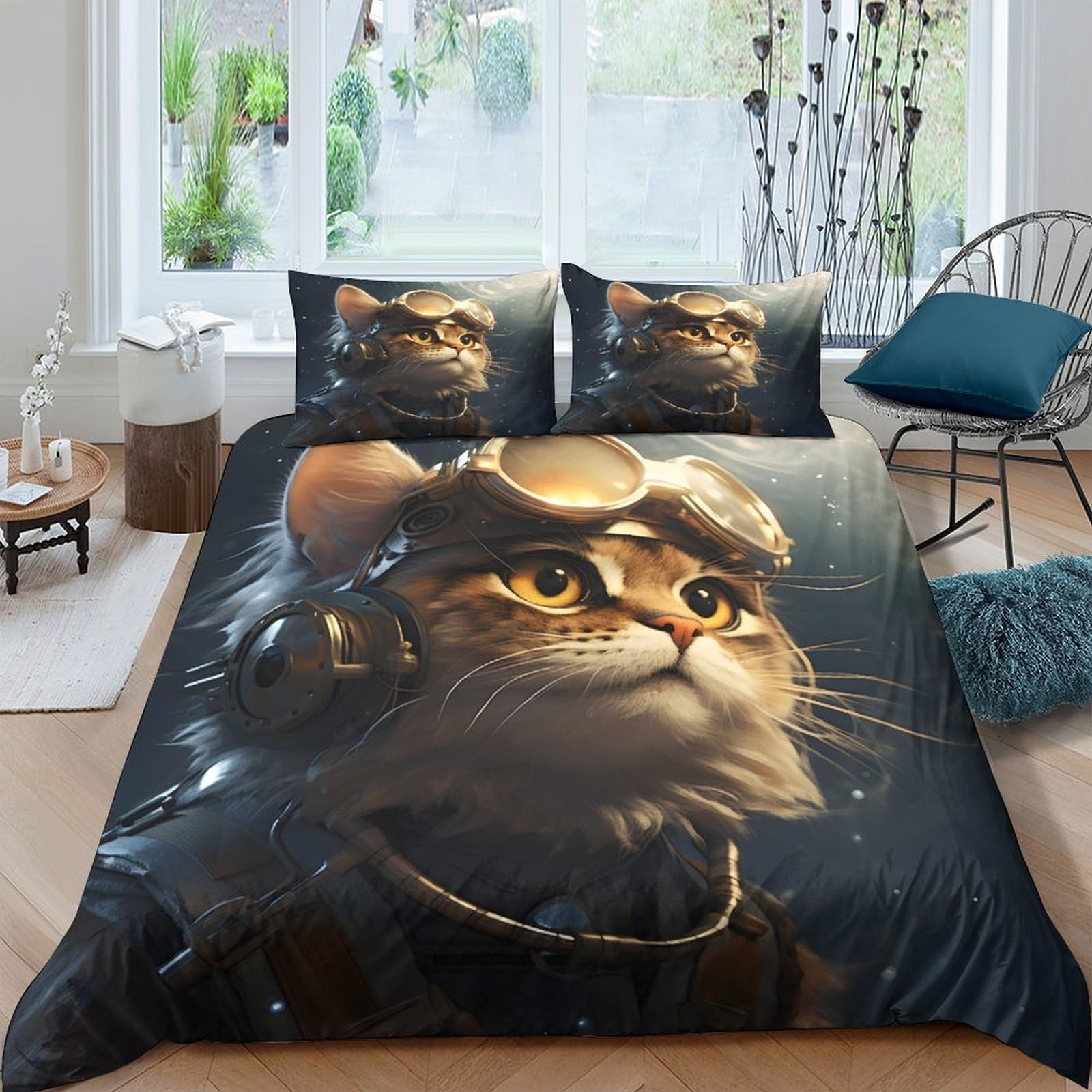 Ctjqhvkz Style-4 3D Printed Steampunk Cat Fitted Sheet Microfiber Soft Breathable Aviator Cat Mattress Cover For Bedroom Dorm Decor Single（135X200cm）