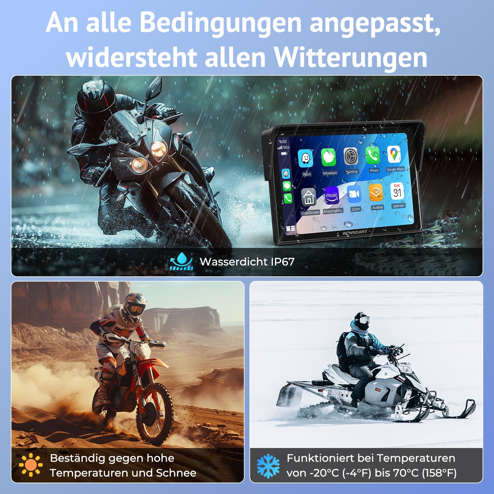 Kabelloses Motorrad CarPlay kompatibel mit Apple CarPlay & Android Auto,W522 5 Zoll IP67 Wasserdicht Touchscreen mit Dual Bluetooth,GPS Navigation,Sprachsteuerung,Equalizer,USB/Acc Stromversorgung