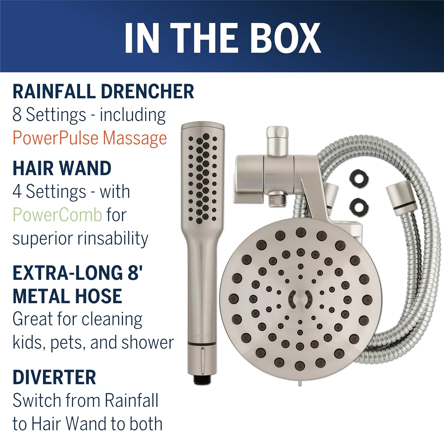 Waterpik High Pressure Pulsating Shower Wand and Rain Shower Head Combo with Extra-Long 8-Foot Metal Hose, HairWand Pulse Spa System 12 Spray Modes for Hair and Body, Brushed Nickel