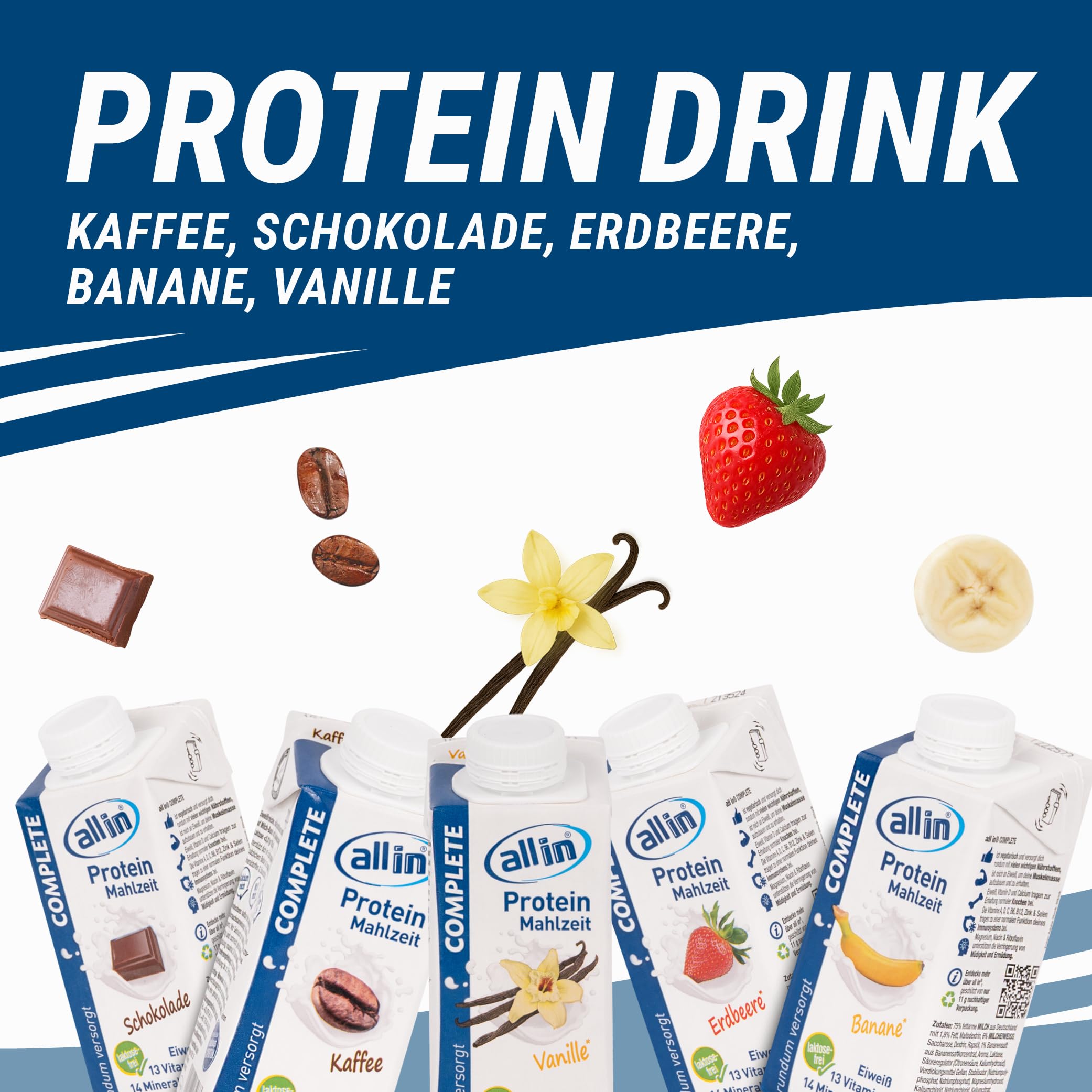all in® COMPLETE Protein Drink Sorten Vanille, Kaffee, Schokolade, Erdebeere, Banane 14 x 200 ml - Hochkalorische Trinknahrung auf Milch-Basis | Protein Shake Mahlzeit zur schnellen Gewichtzunahme