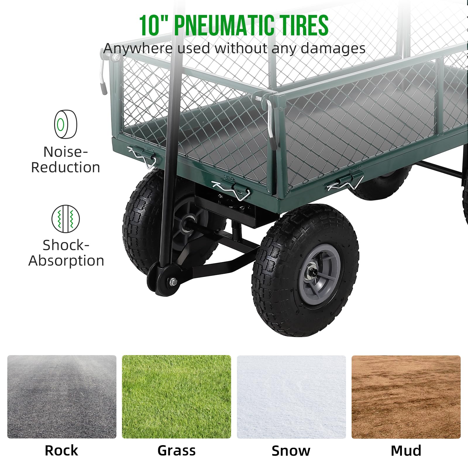 Garvee Chariot de Jardin Robuste 440 lbs – Acier – Côtés grillagés Amovibles – Roues 25 cm – Poignée rotative 180° – Idéal Jardin, pelouse, Ferme, Plage – Vert, capacité 440 lbs