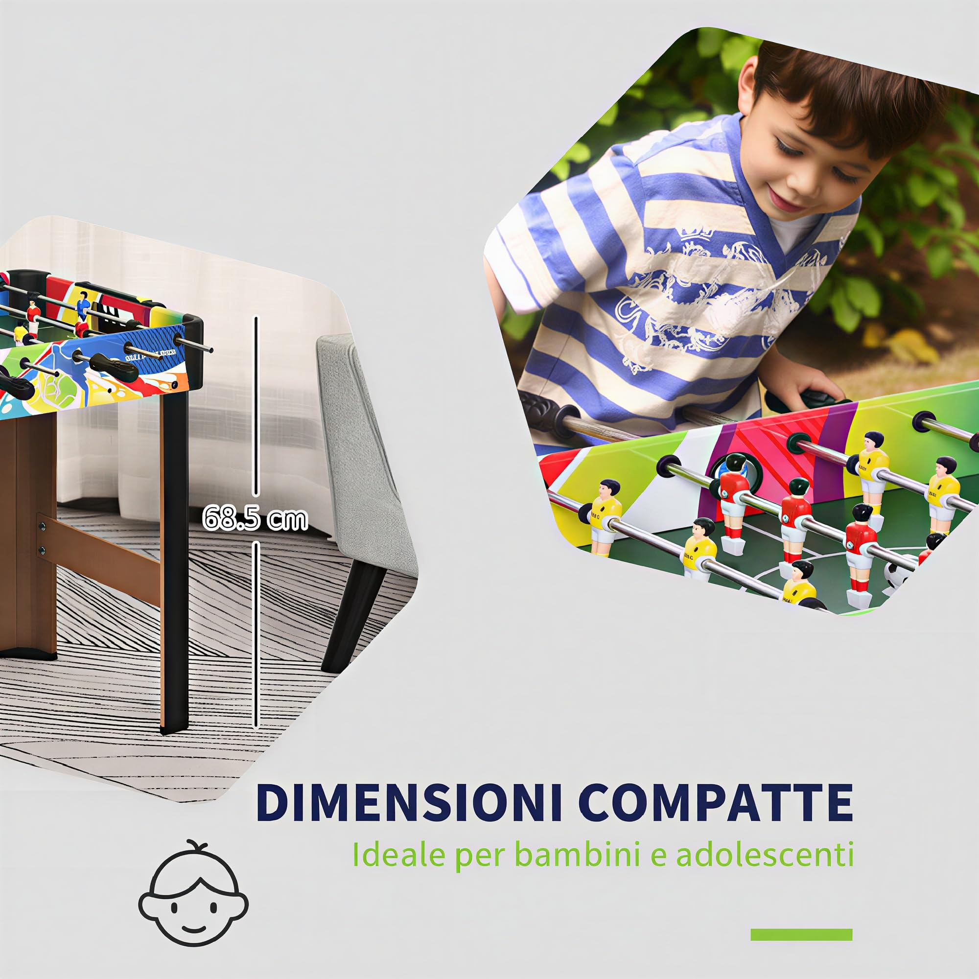 HOMCOM Calcio Balilla Classico con 2 Palline 86.5x43.5x63 cm Multicolore | 2 Tabelloni Segnapunti, Tavolo da Gioco, MDF, Acciaio Inox, Plastica