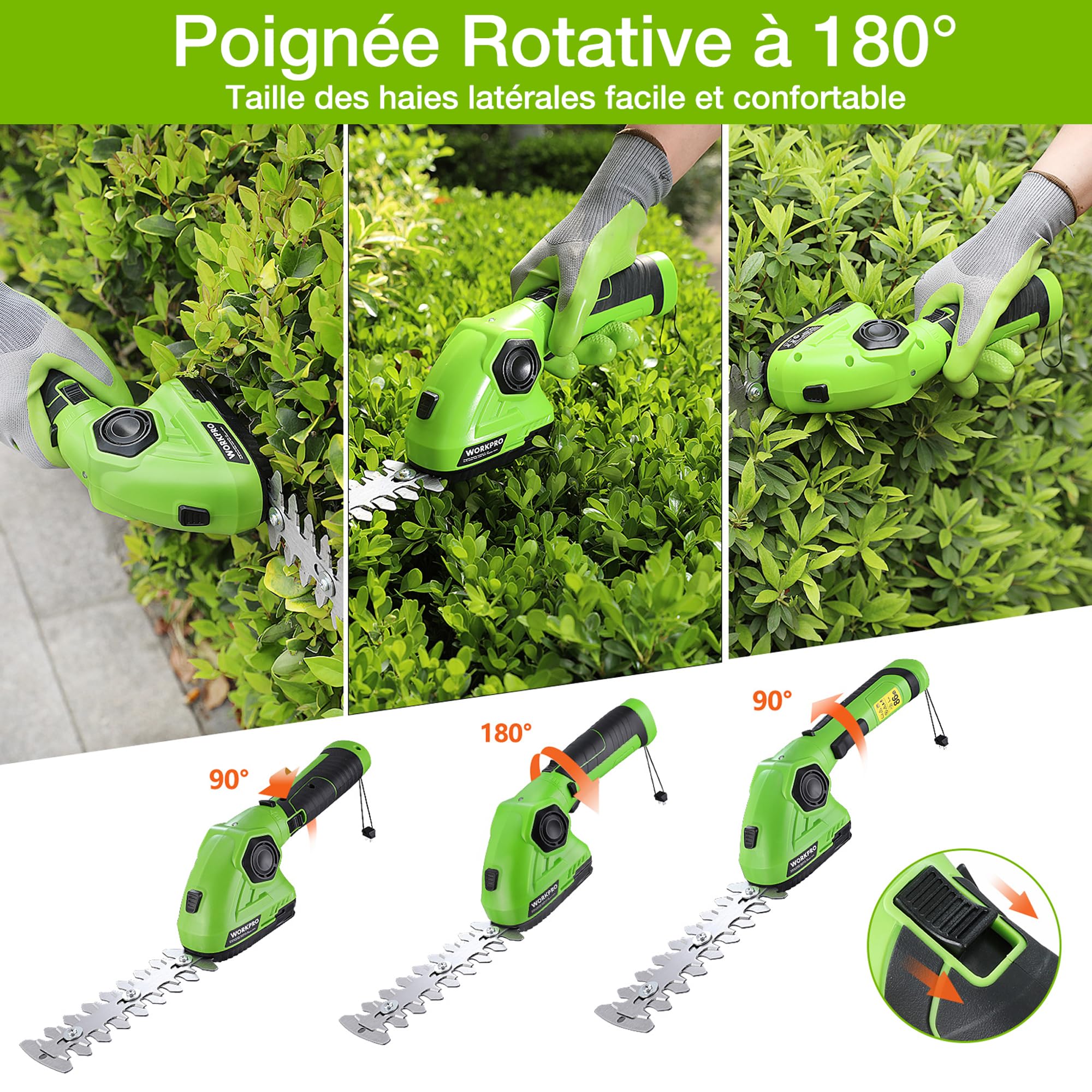 WORKPRO Cisaille à Gazon sans Fil 7,2V avec Taille-Haies et 2 Lames