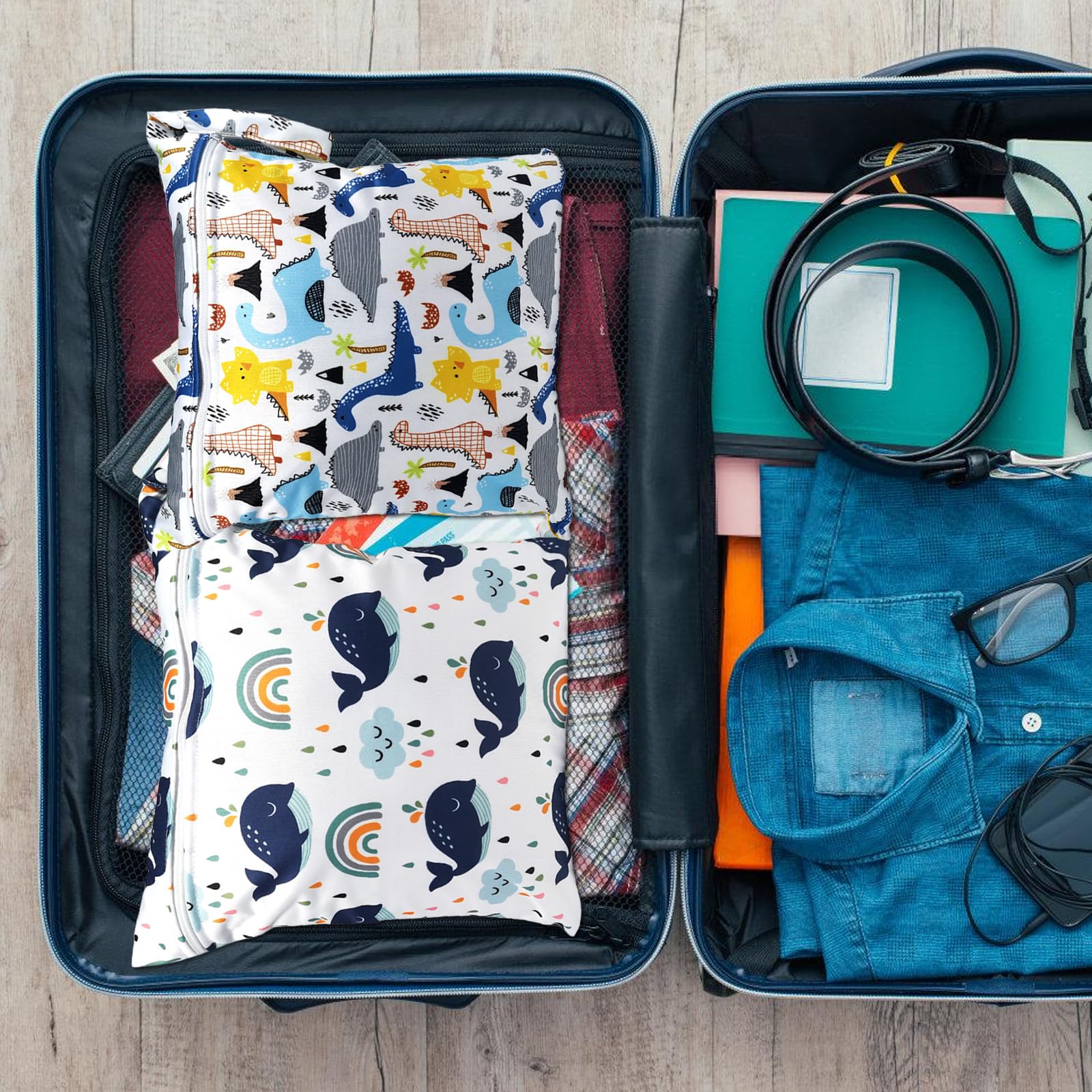 Borsa per Pannolini Lavabile 4 Pezzi Wet Dry Bags Impermeabile Riutilizzabile per Viaggi Spiaggia Piscina