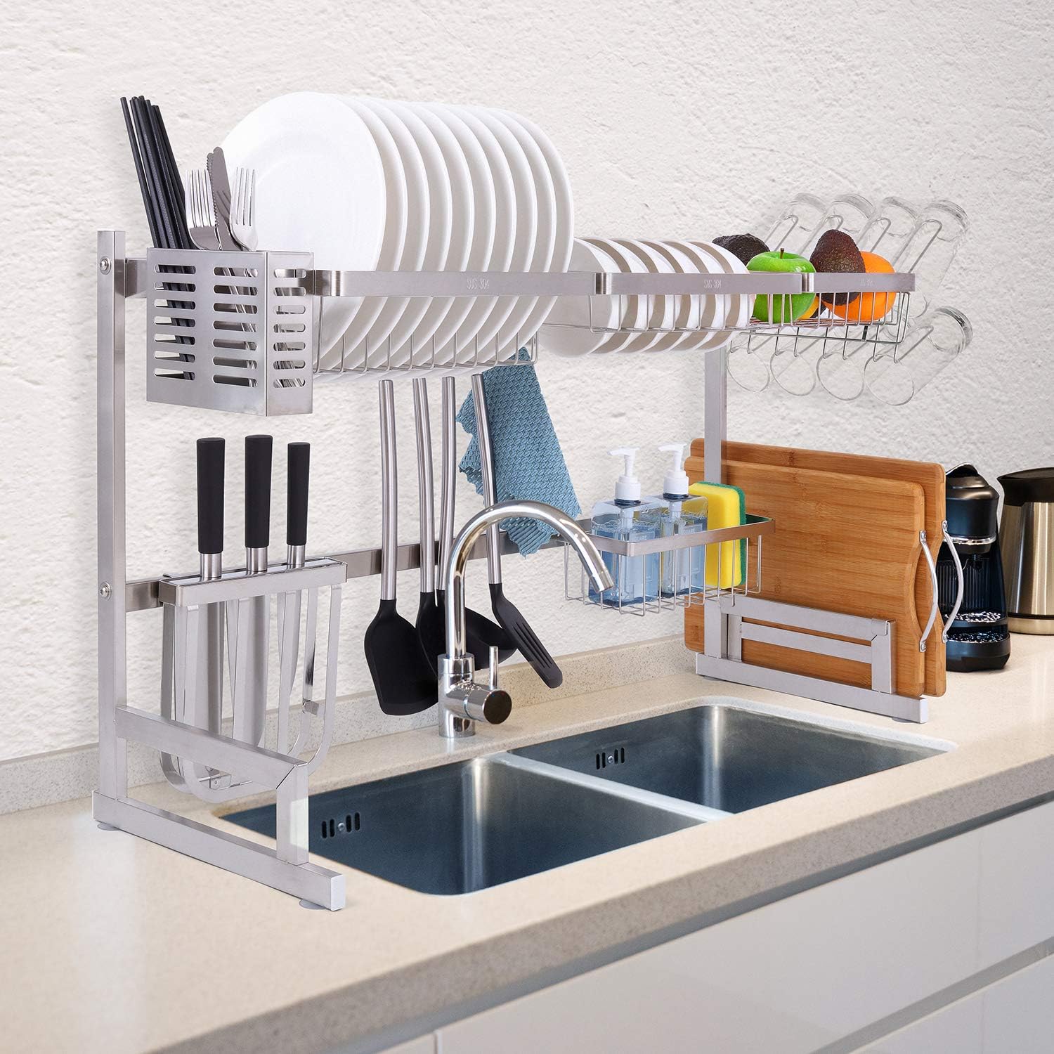 Homelux TheoryOver The Sink Dish Drying Rack - Premium Stainless Steel - Sturdy 33.5" Kitchen Rack. Above Sink Dish Rack Shelf Kitchen Counter Organizer Dishrack. 2 Tier Dish Rack (33.5", Silver)
