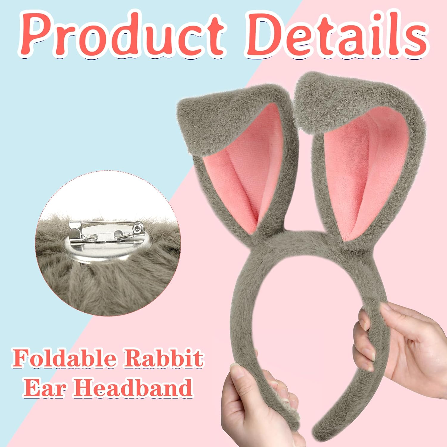 5PCS Grey Bunny Ears and Tail & Fox Ears Headband and Tail for Women Men Adult, Couples Halloween Costume Accessories for Cosplay Dress Up - Image 3