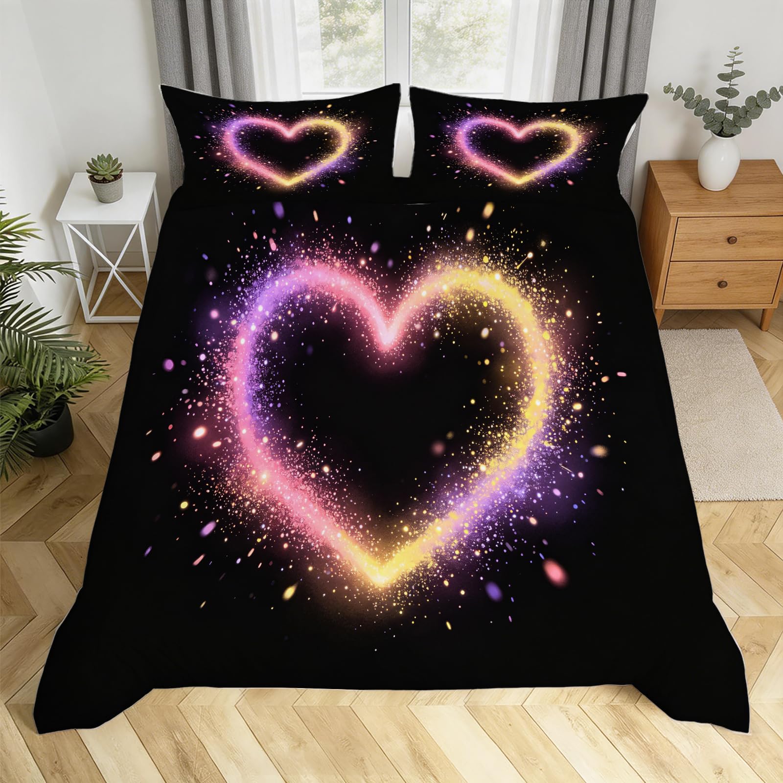Housse de couette 240x260 cm motif cœur avec taies d'oreiller assorties