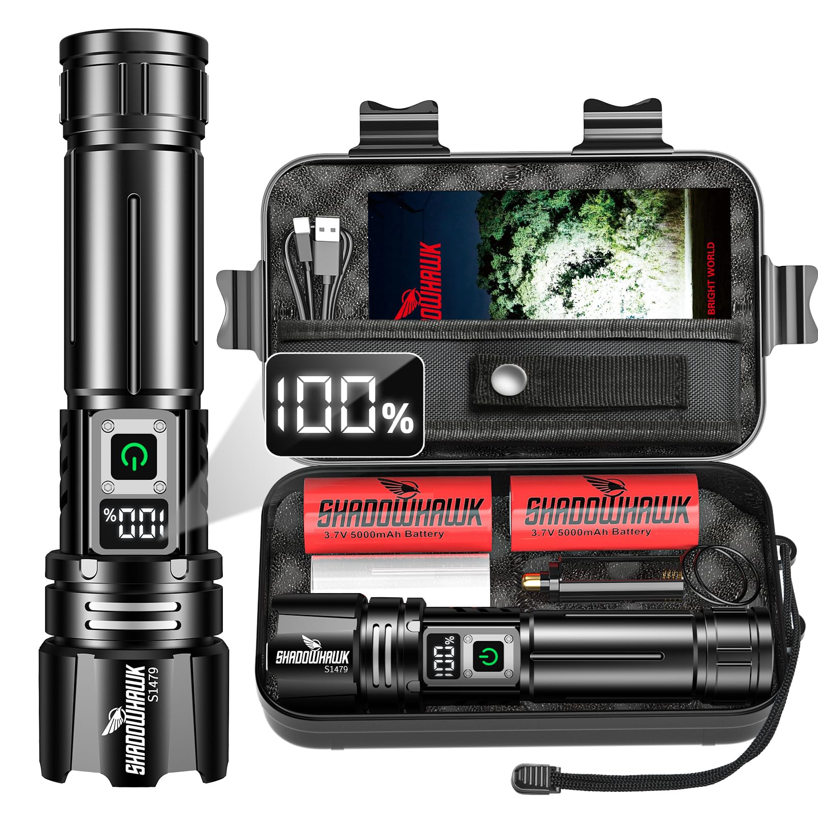 Shadowhawk 24H Runtime Rechargeable Torch (2pcs Batteries) | IP67 Waterproof 500000 Lumen Super Bright Flashlight with LCD Display for Camping/Emergency/Dog Walking/Power Cuts, 5 Modes, Zoomable