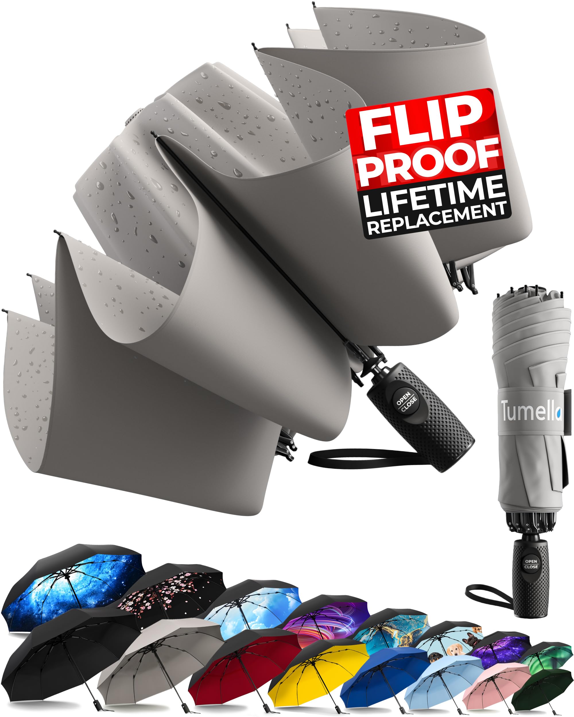 TUMELLA Inverted Windproof Umbrella, Large, Strong, Light, Portable, Automatic Reverse Folding Rain Umbrella, Durable Premium Grip, Fits Car &