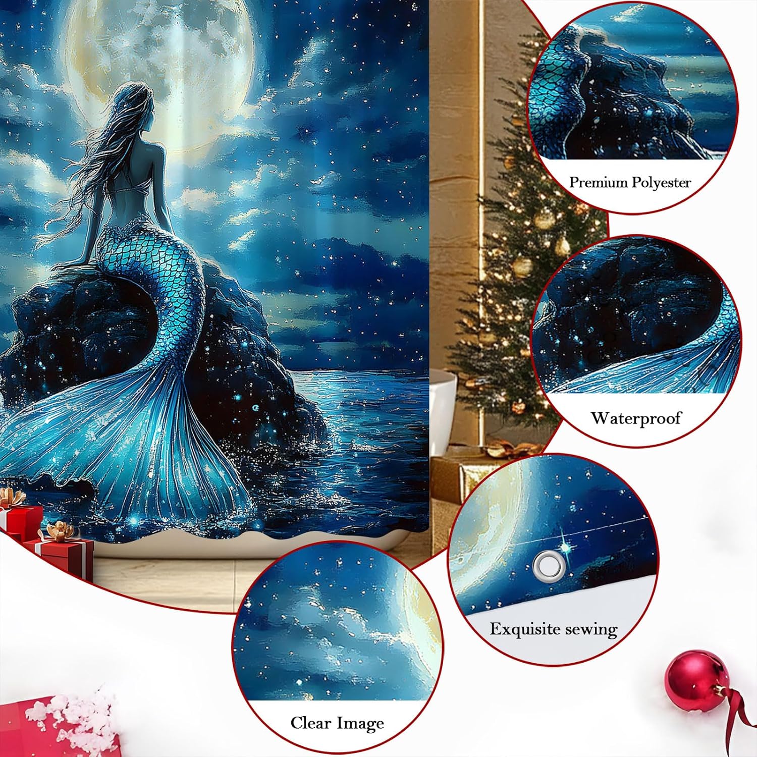 Mermaid Ocean Theme Shower Curtain Full Moon Moonlight Fish Scales Starry Sky Galaxy Cloud Blue Mermaid Bathroom Polyester Curtains Set with Hooks 70x84 Inch