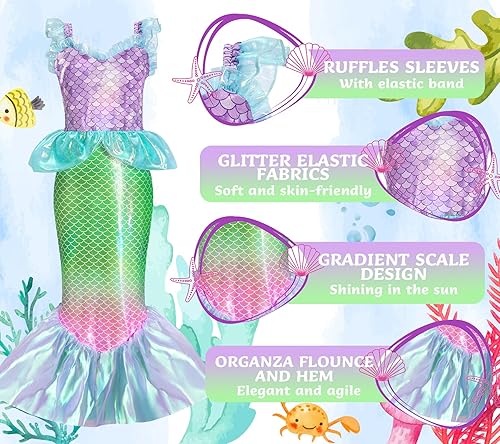 Miniatura 4 de PUNKSUIT Disfraz de Sirenita para niñas, disfraz de princesa sirena Ariel con accesorios