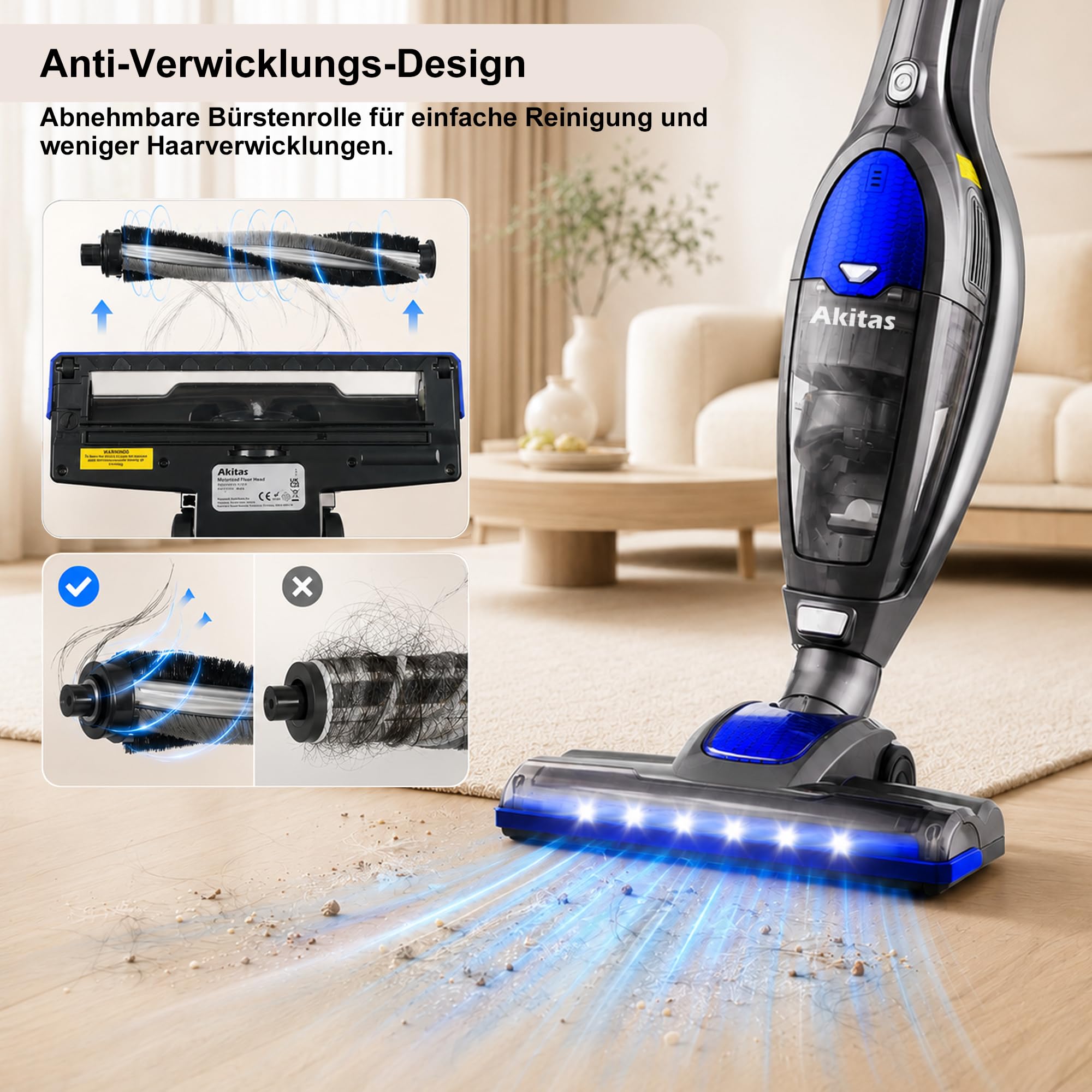 Akitas U10 22.2V Akku Staubsauger Beutellos, bis zu 30Min Laufzeit, Freistehend, 180° Drehgelenk，LED-Frontlichter