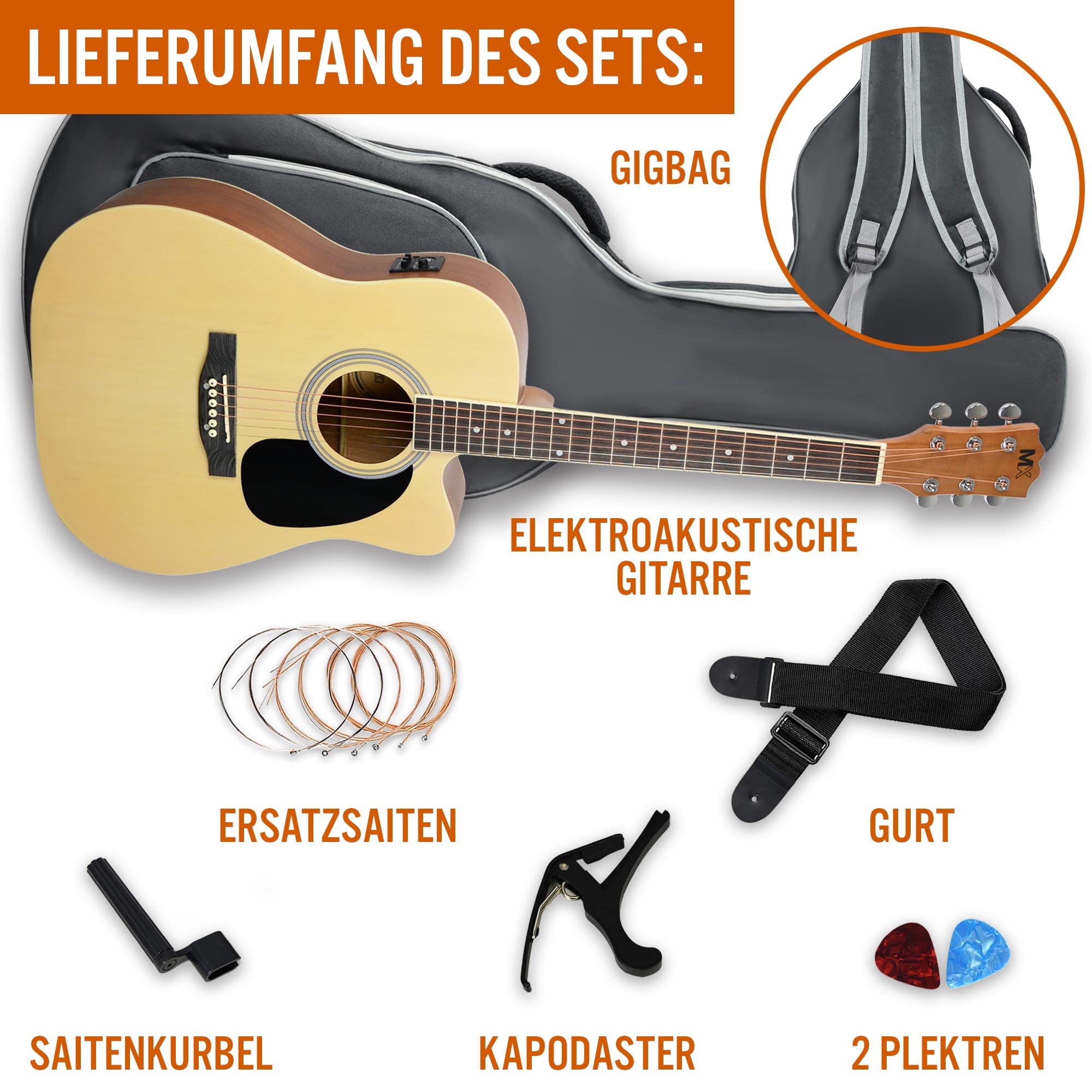 MX von 3rd Avenue Performance-Serie, elektroakustische Westerngitarre in Normalgröße, Gitarrenset mit Cutaway und Fichtenholzdecke in Natur