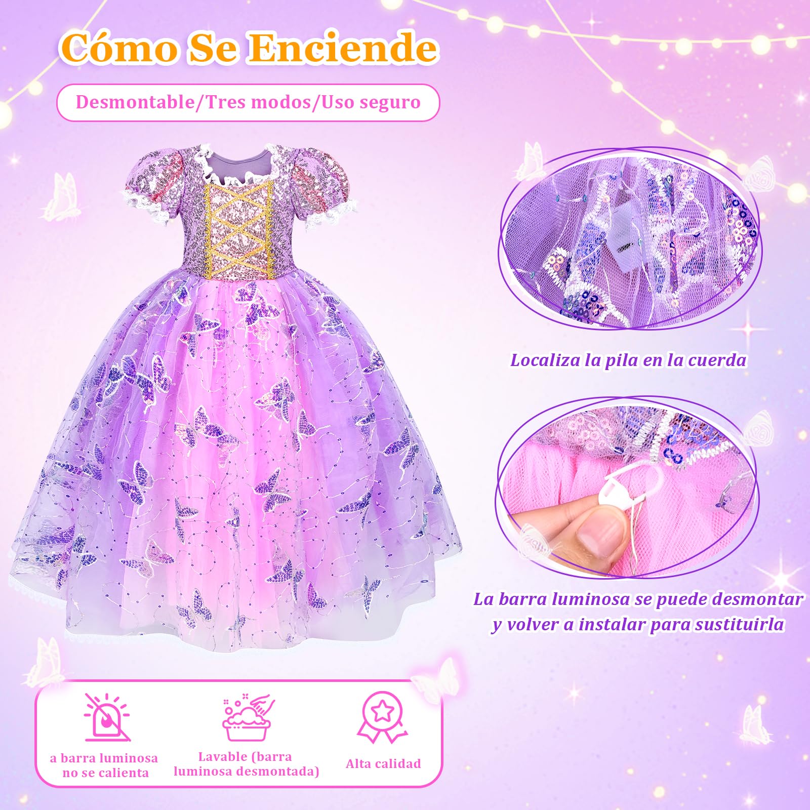 Herenear Disfraz Rapunzel Niña, Vestido Princesa para Niños de 3-12 Años, Niña Disfraz de Princesa con Accesorios Vestido de Princesa Tul Cumpleaños Fiesta Cosplay Navidad Carnaval Vestidos