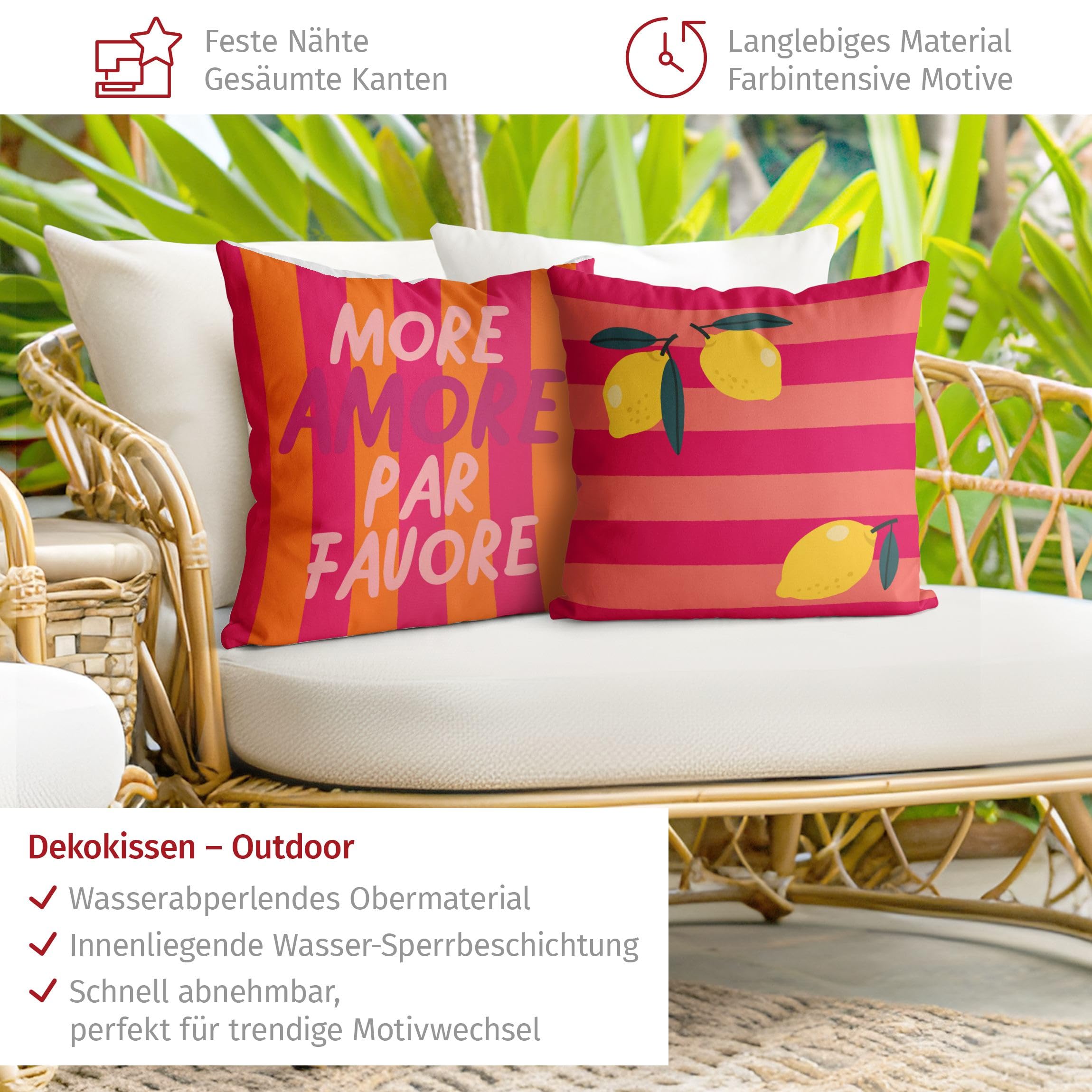 Dekokissen 2-teilig draußen/Outdoor waschbar Kulinarisch mit Füllung Zierkissen - Made in Germany - Obst Bezug pink Sofakissen Pop Art Outdoor Sofa Bett 1225