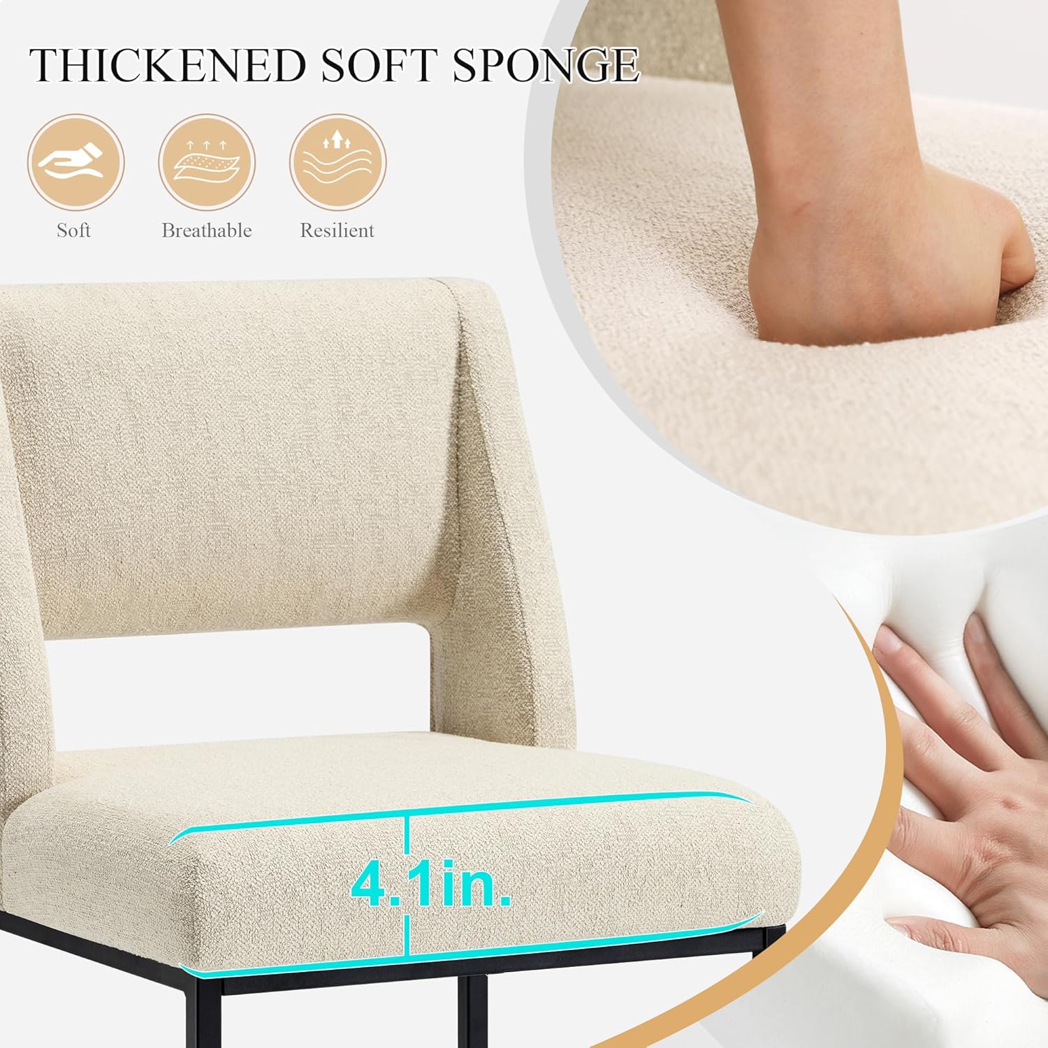 Upholstered Counter Height Stools, Beige Linen Bar Stools with Metal Legs and Open Back, 26’’ Counter High Chairs for Kitchen Island, Home Pub, Set of 2