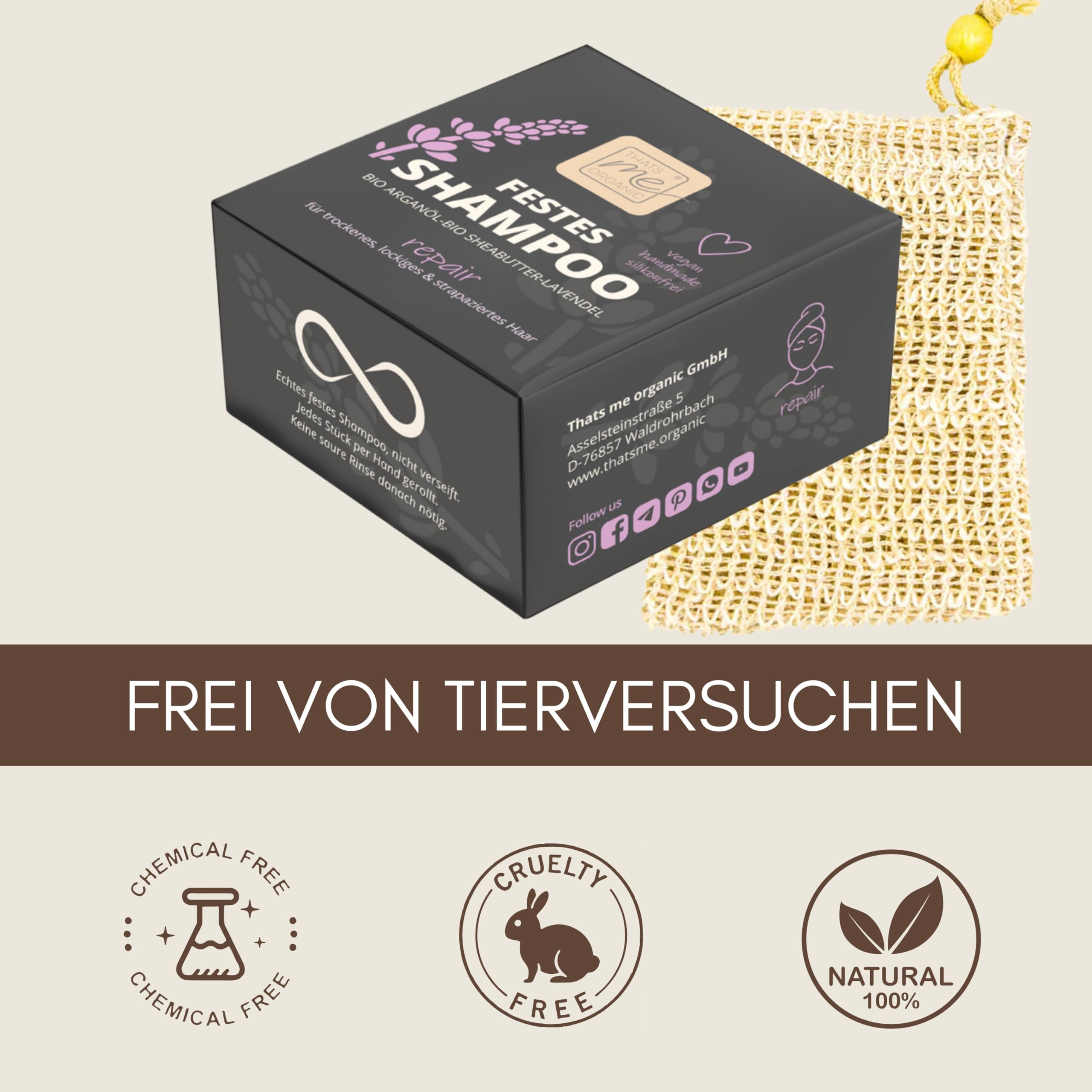 Thats me Organic Festes Shampoo „repair“ (Sparset mit Seifensäckchen) für trockenes, lockiges & strapaziertes Haar – Handgemacht mit Anti-Frizz Effekt – Ergiebiger Shampoo Bar