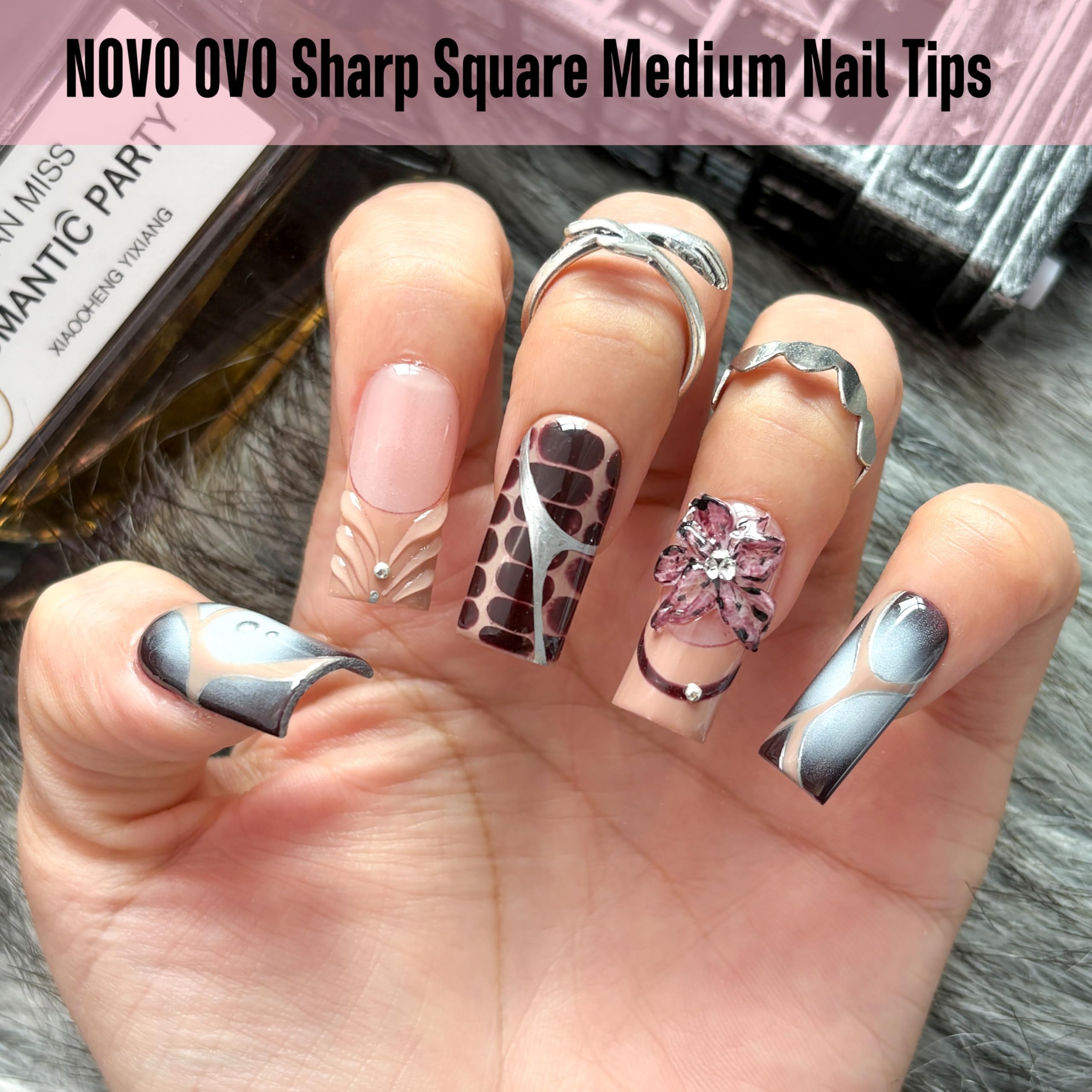 NOVO OVO Sharp Square Medium Nail Tips Press on, Natural (Not Sculpted) No C-Curve Soft Gel podwójnie matowe sztuczne przedłużenie paznokci, pełnokrywające paznokcie do salonu DIY manicure, 15