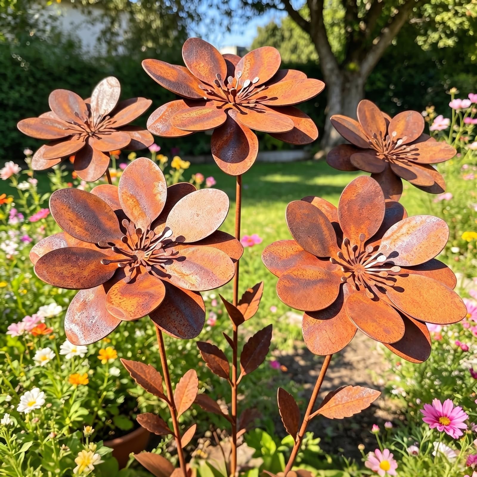 CLBDRESS Rustic Metal Coneflower Garden Stakes 14x4 Inch Vintage Rusty Cornflower Statues Stake Metal Artistic Wire Art Decor for Lawns Yards Patio Home Farmhouse Decoration