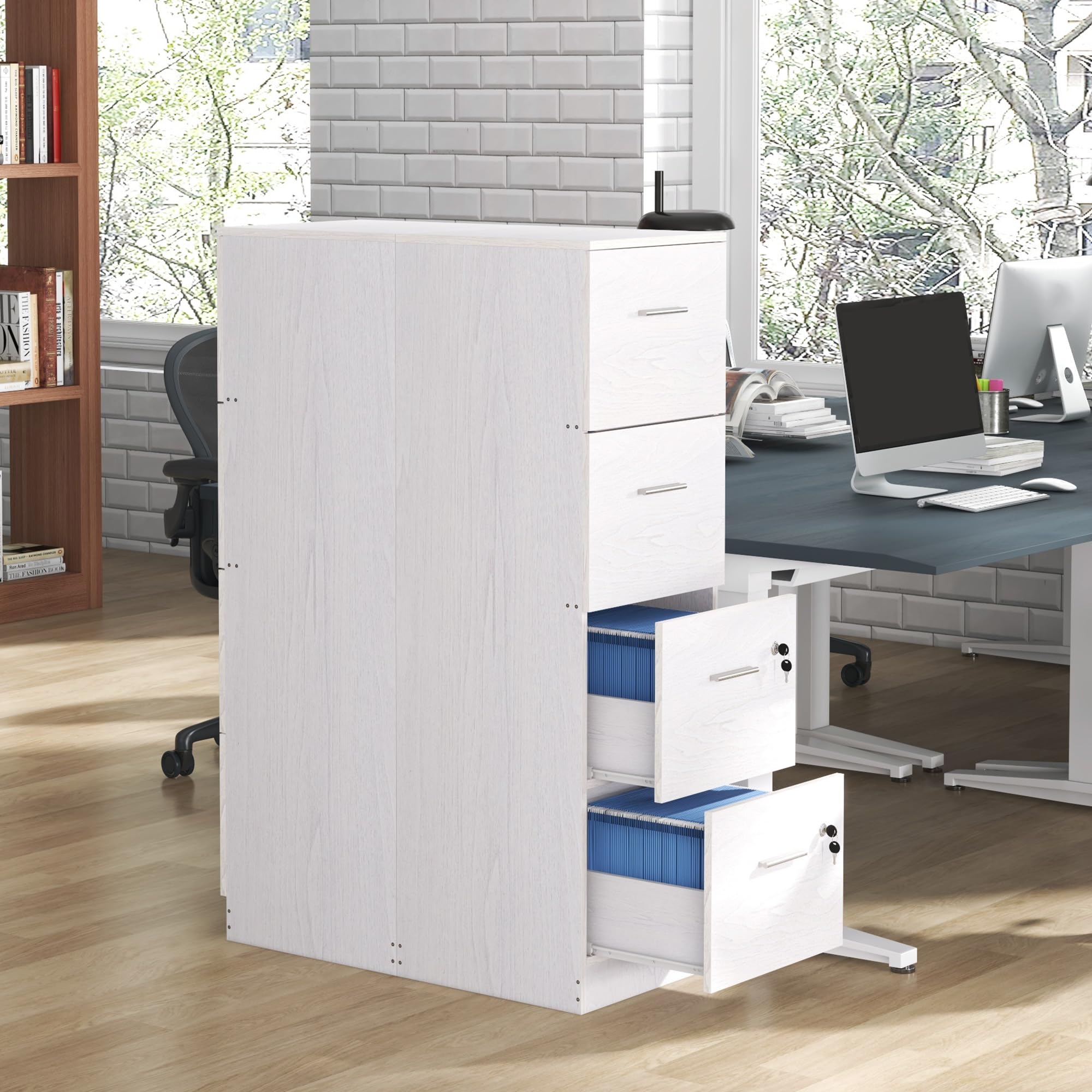 HOMCOM Schedario da Ufficio con 4 Cassetti, Cassettiera Ufficio con Serratura e Chiavi per Lettera/Formato A4, Armadietto Verticale per Casa, 40x42x131 cm, Bianco