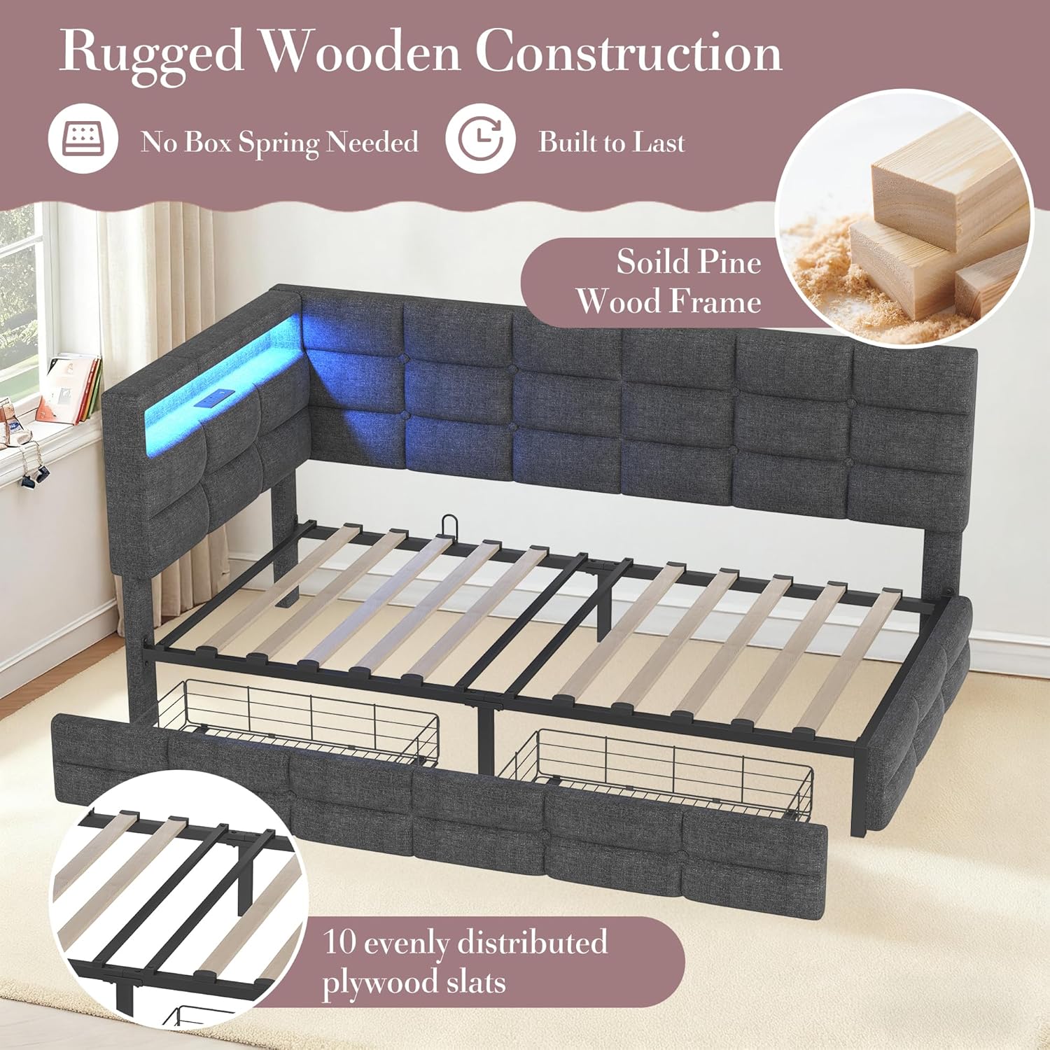 Twin Corner Bed Frame with Storage and Led Lights, Upholstered Daybed Twin Size with Storage Drawers and Charging Station for Living Room,Bedroom (Gray)