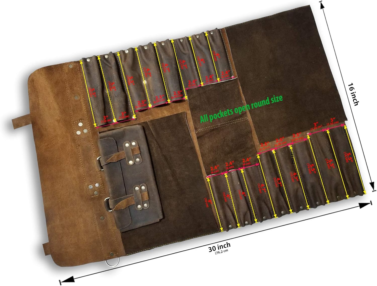PROFESSIONAL CHEF Lightweight Genuine Premium CRUNCH BROWN Leather Chef Knife Bag/Knife Roll 16 Pockets Space KB03