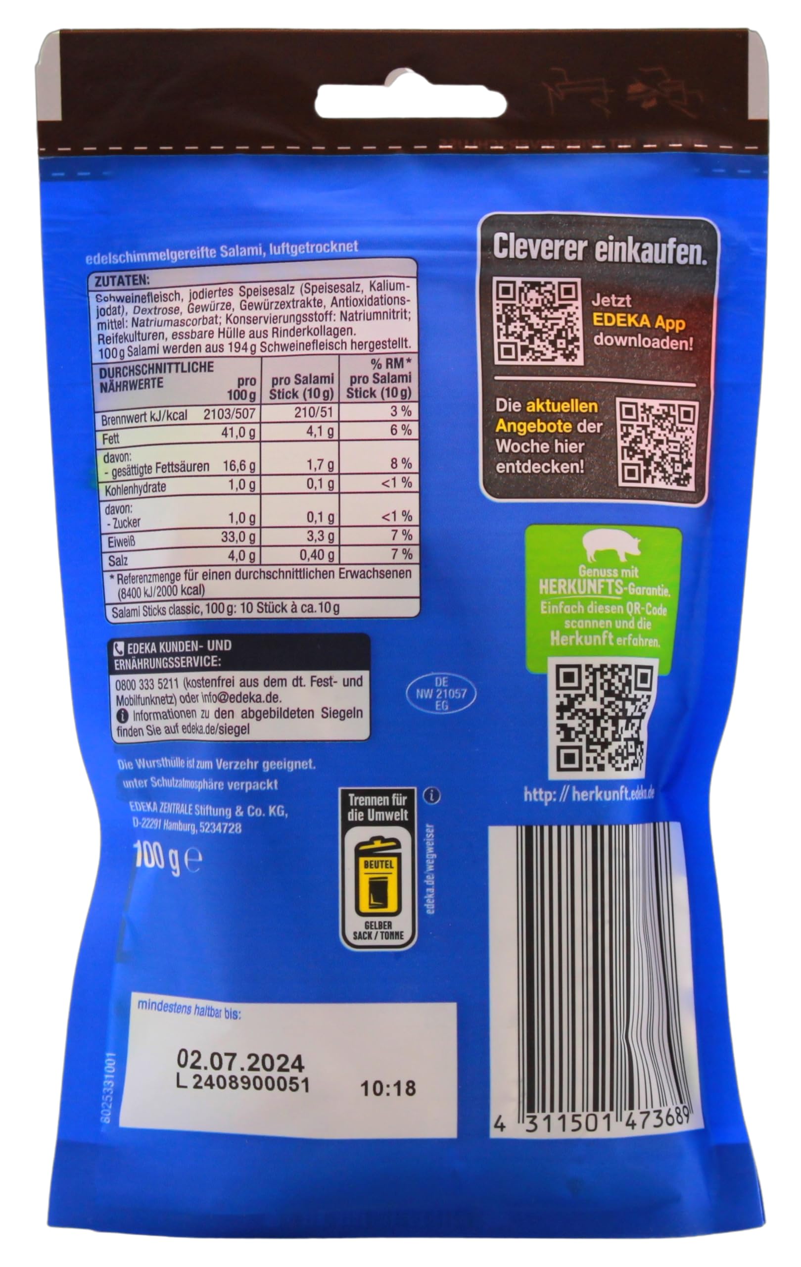 Gut & Günstig Salami Sticks classic, 8er Pack (8 x 100g)