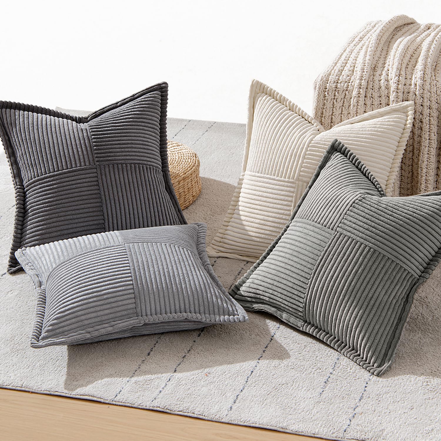 MIULEE Funda de Cojines para Sofá 45x45 cm Funda de Almohada de Corduroy Súper Suave Cojin de Pana a Rayas Decoración Moderna para Sofá Silla Cama Sala de Estar Dormitorio 4 Piezas Serie Gris
