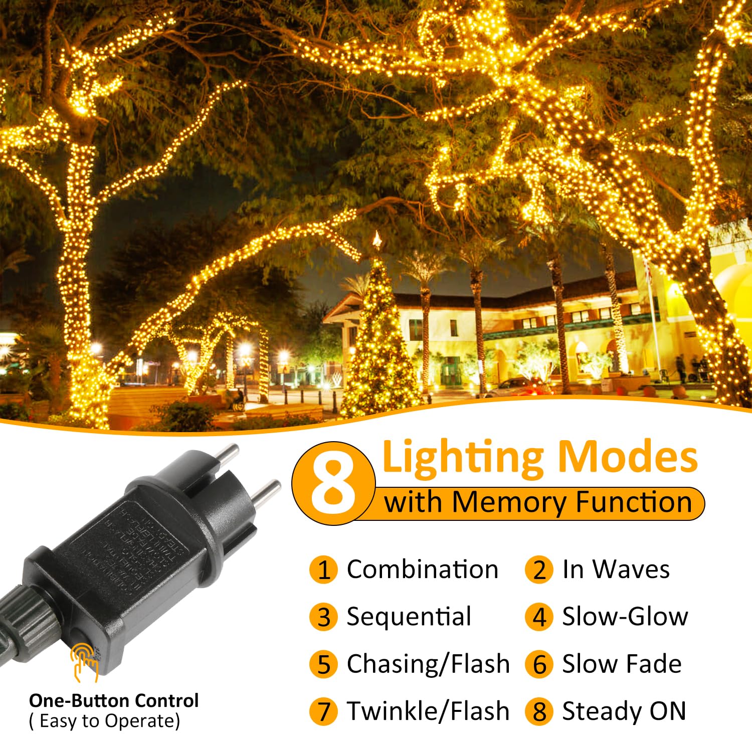 AIMENGTE Lichterkette 20m, 200 LED Warmweiß, IP44 Wasserdicht – 8 Beleuchtungsmodi Mit Memory Für Garten, Balkon & Weihnachtsbaum