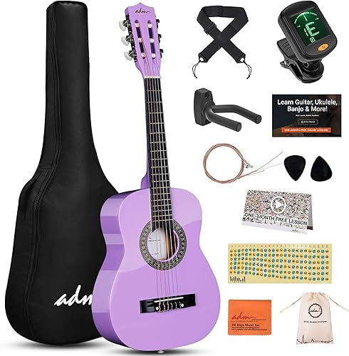 Vista 98 de ADM - Guitarra acústica para principiantes de 30 pulgadas, cuerdas de nailon, guitarra de madera para niños y estudiantes, lecciones en línea