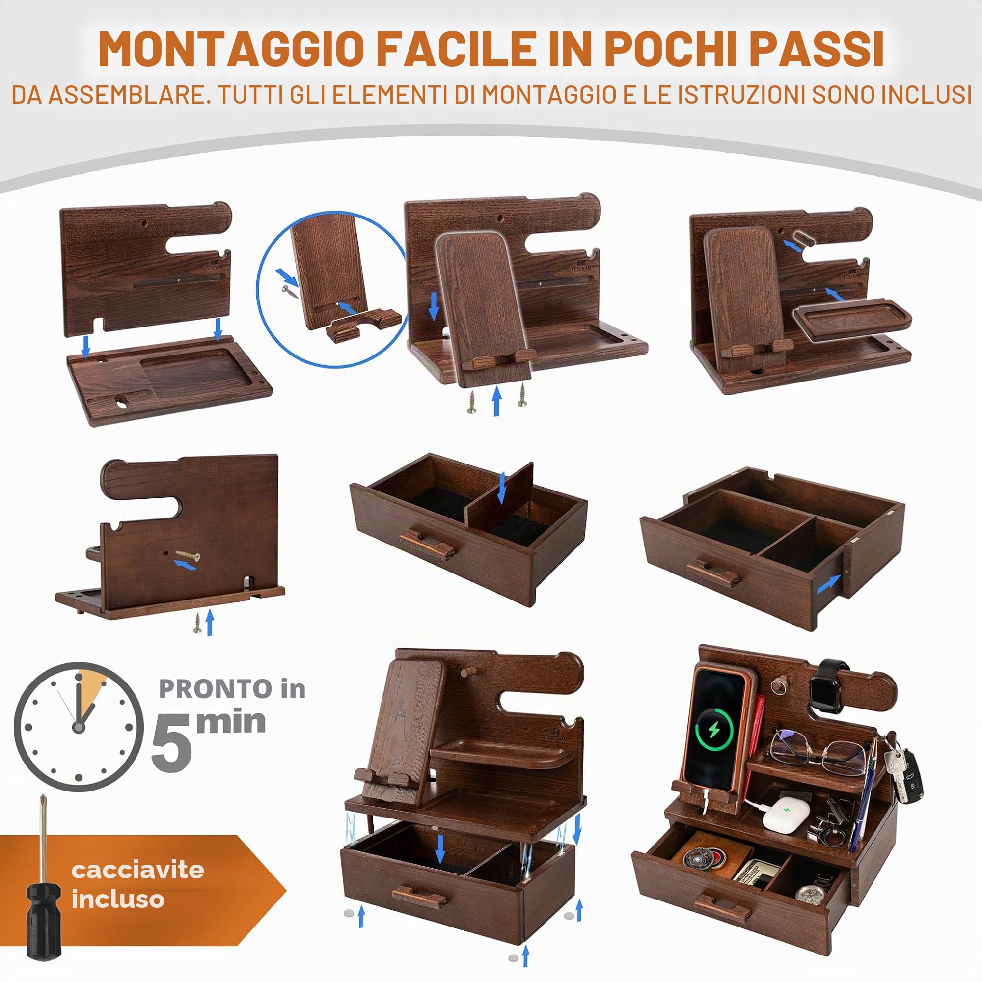 TESLYAR Stazione di ricarica telefono in legno con cassetto - Organizer da comodino - Organizer da scrivania per marito - Idee regalo di compleanno per uomini, papà, anniversario, portachiavi