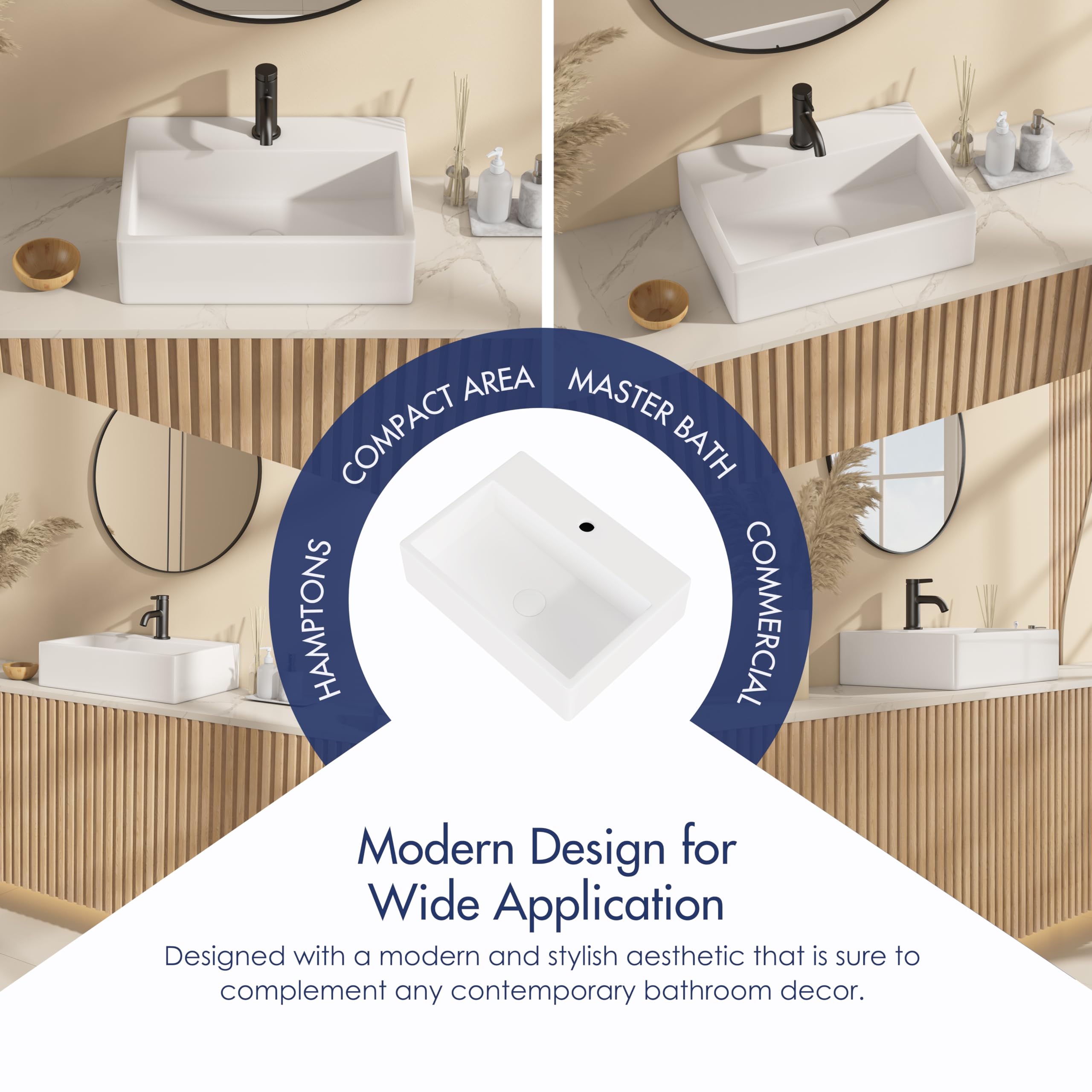 Eridanus Lavabo de cerámica colgante, lavamanos rectangular de porcelana vítrea en blanco brillante, lavabo de cerámica para muebles de tocador, 490 x 360 x 135 mm