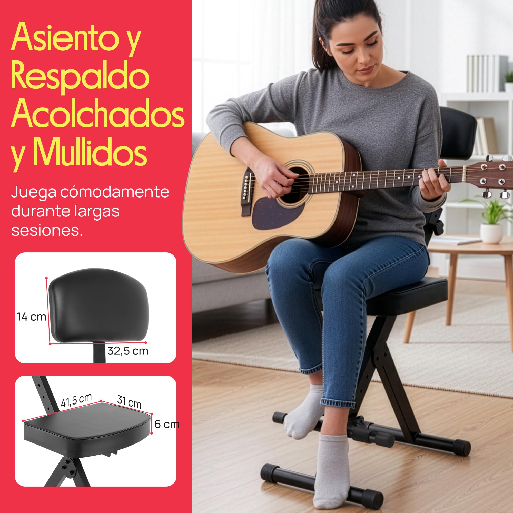 Pyle Taburete Guitarra, Silla bateria, Portátil, Ajustable, para músicos Plegable, Asiento y Respaldo Acolchados, Reposapiés